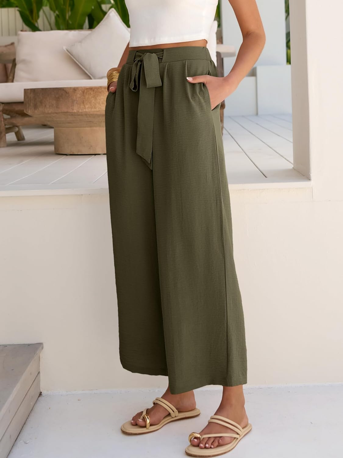 Caracilia Womens Wide Leg Palazzo Pants Cropped High Waisted 2026 Summer Casual Loose Lounge Flowy Travel Work Trousers - Image 3