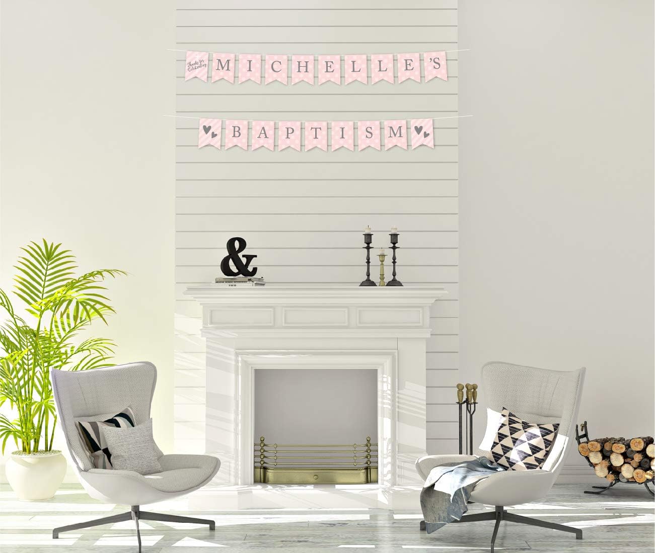 Andaz Press Blush Pink and Gray Baby Girl Baptism Collection, Personalized Hanging Pennant Party Banner with String, Thanks for Celebrating Michelle's Baptism, 6-Feet, 1 Set, Custom Name