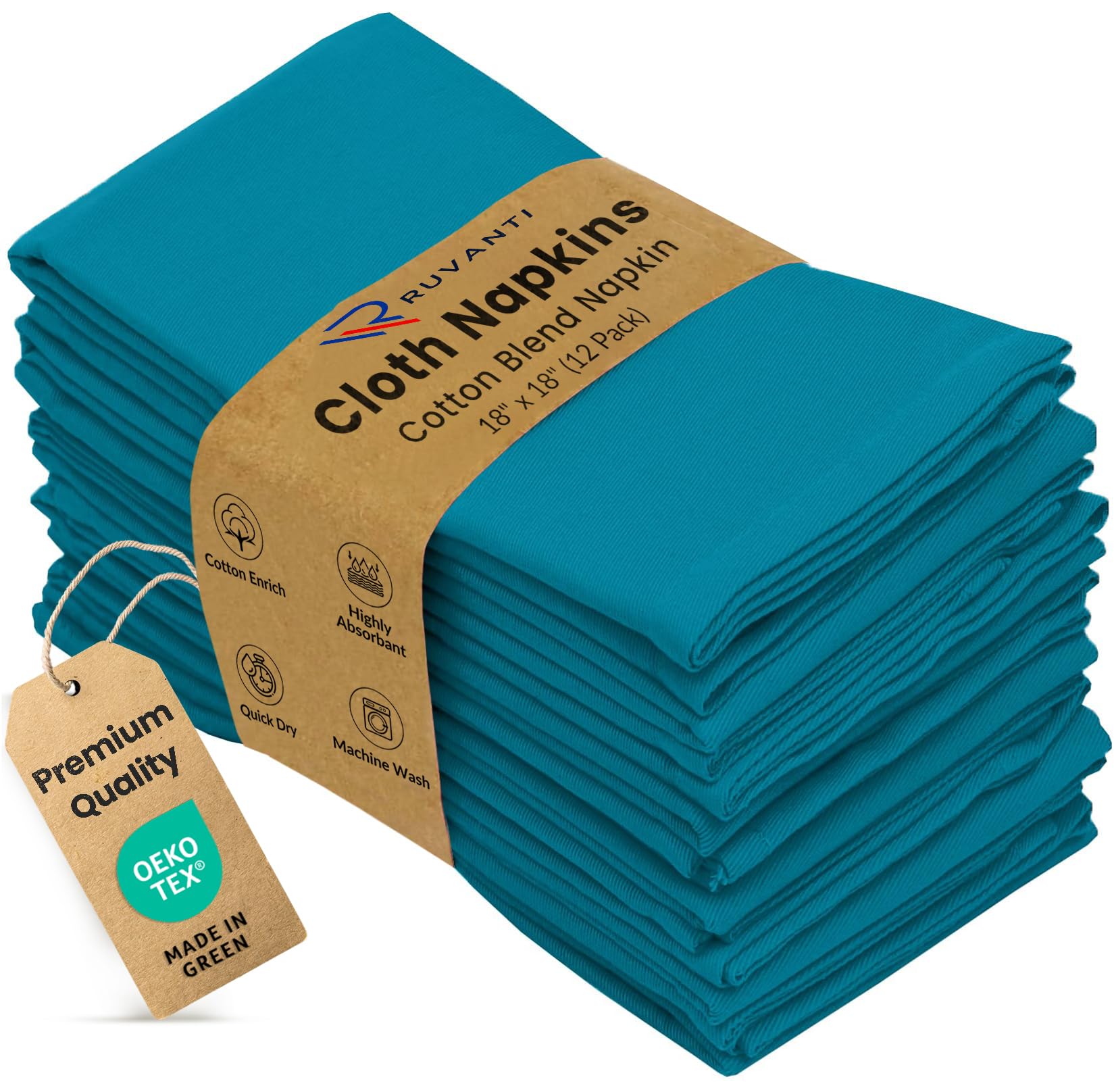 Ruvanti Cloth Napkins Set of 12, Cotton Enrich 18”x18” - Teal