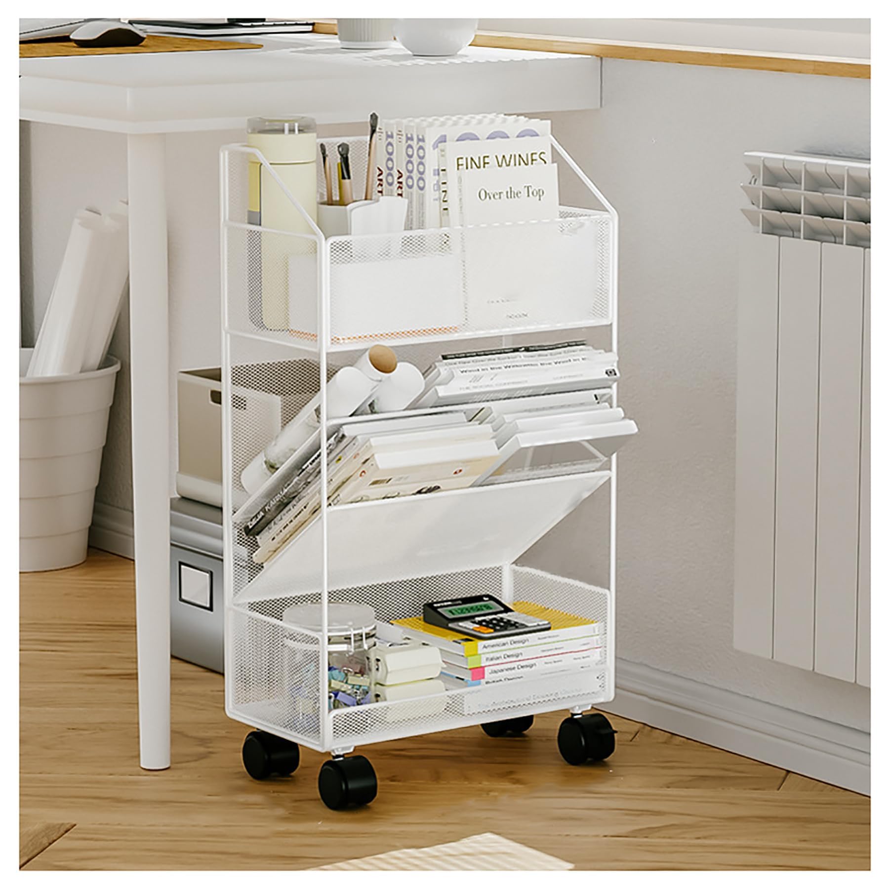 Carrito rodante de metal de 5 niveles delgado para almacenamiento utilitario para escuela, oficina, aula, dormitorio, biblioteca, habitación de los niños, elegante diseño blanco