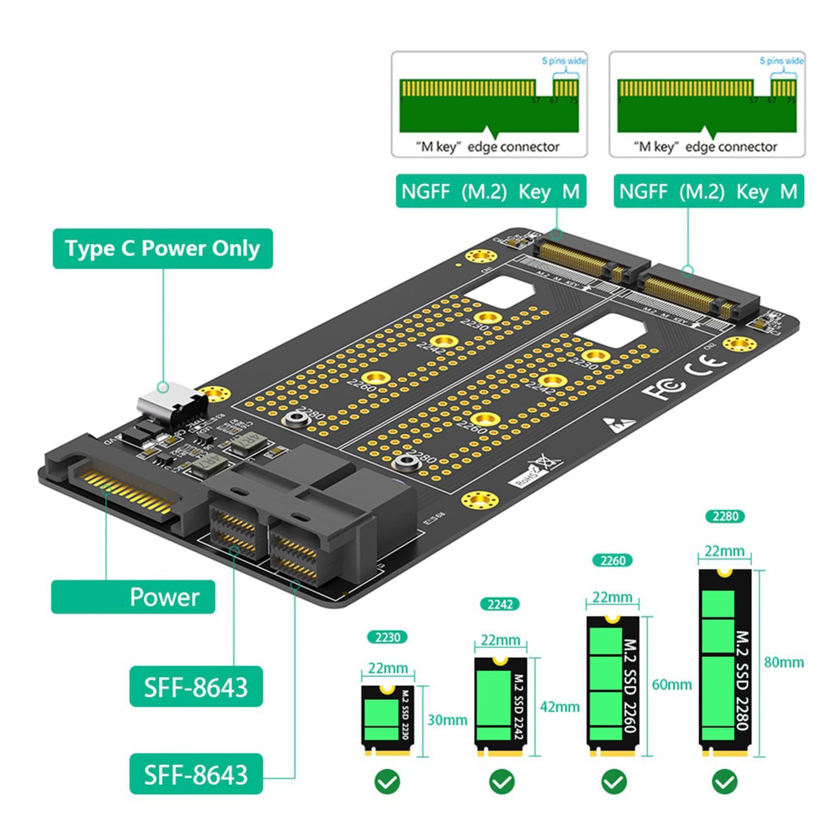 10X Nowa Wersja Adaptera Dual M.2 NVME SSD do Dual SFF-8643