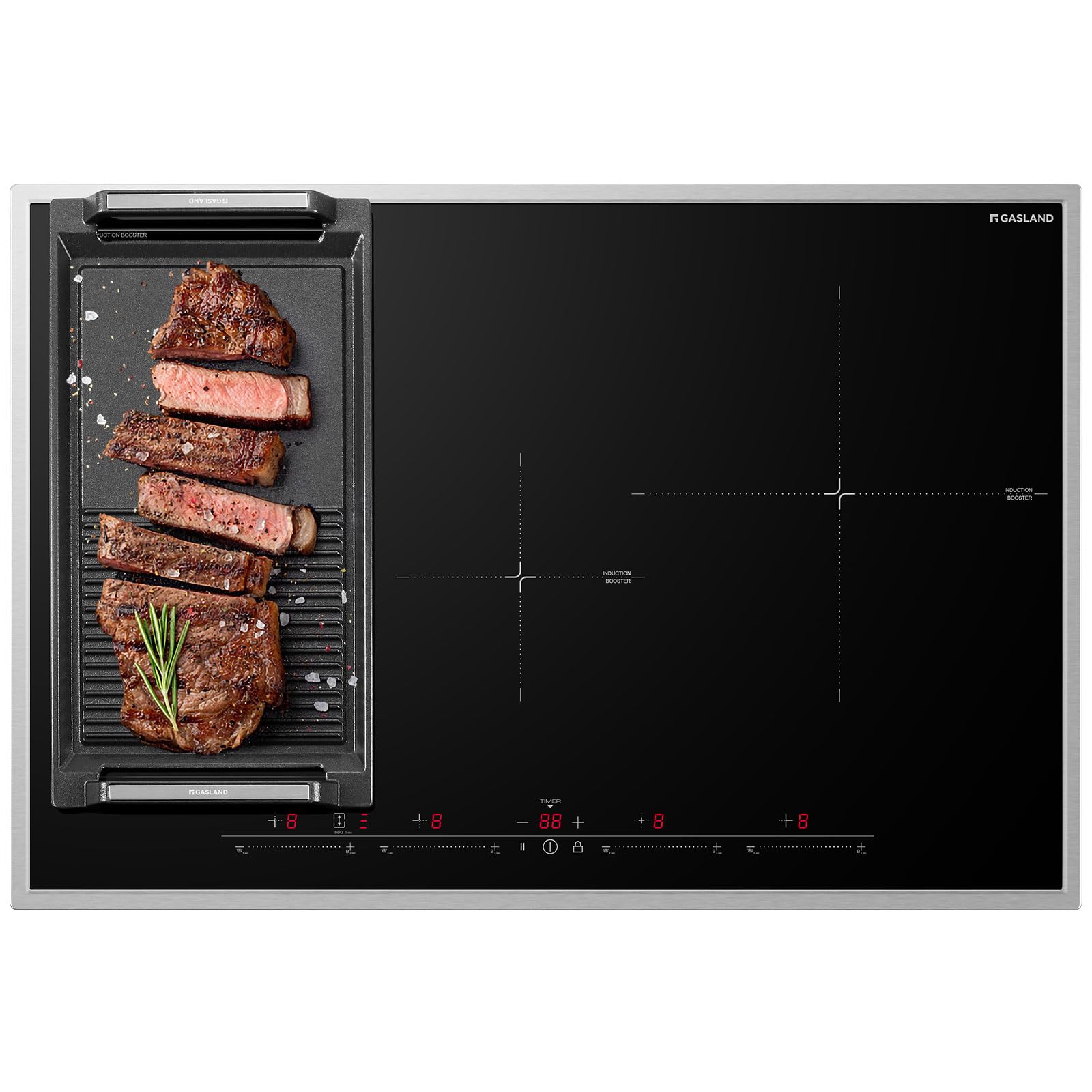 GASLAND IH774BFB Piano cottura a induzione, 77 cm, piano cottura a induzione da incasso a 4 zonas con struttura in acciaio inox, FlexInduction per BBQ, PowerBoost, 7000W (Escluso la padella da cucina)
