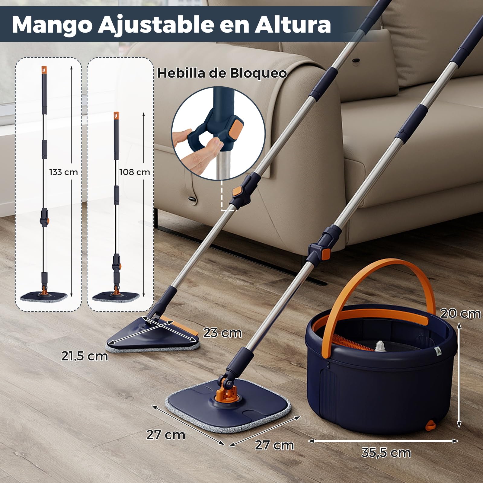 COSTWAY Set de Mopa y Cubo con Escurridor, Fregona y Cubo para Suelo con Cabezales de Mopa, Sistema de Limpieza de Suelos para Uso en Húmedo y en Seco, Cabezal Cuadrado Giratorio de 360°, Azul Marino