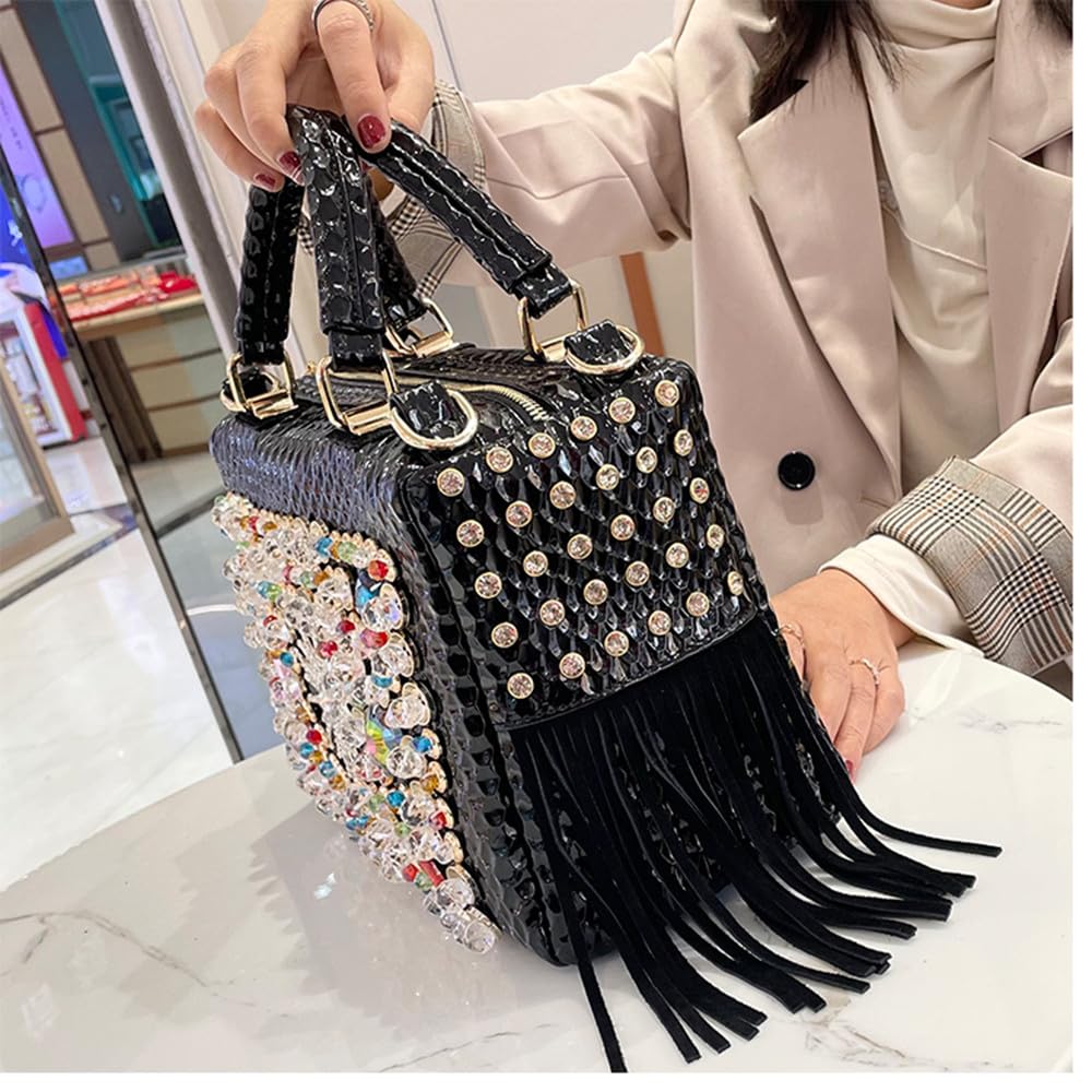 Fashion Rhinestone Bag for Women Leather Top-Handle Satchel Handabgs Large Capacity Tassel Tote Bag Shoulder Messenger Bags (Black)