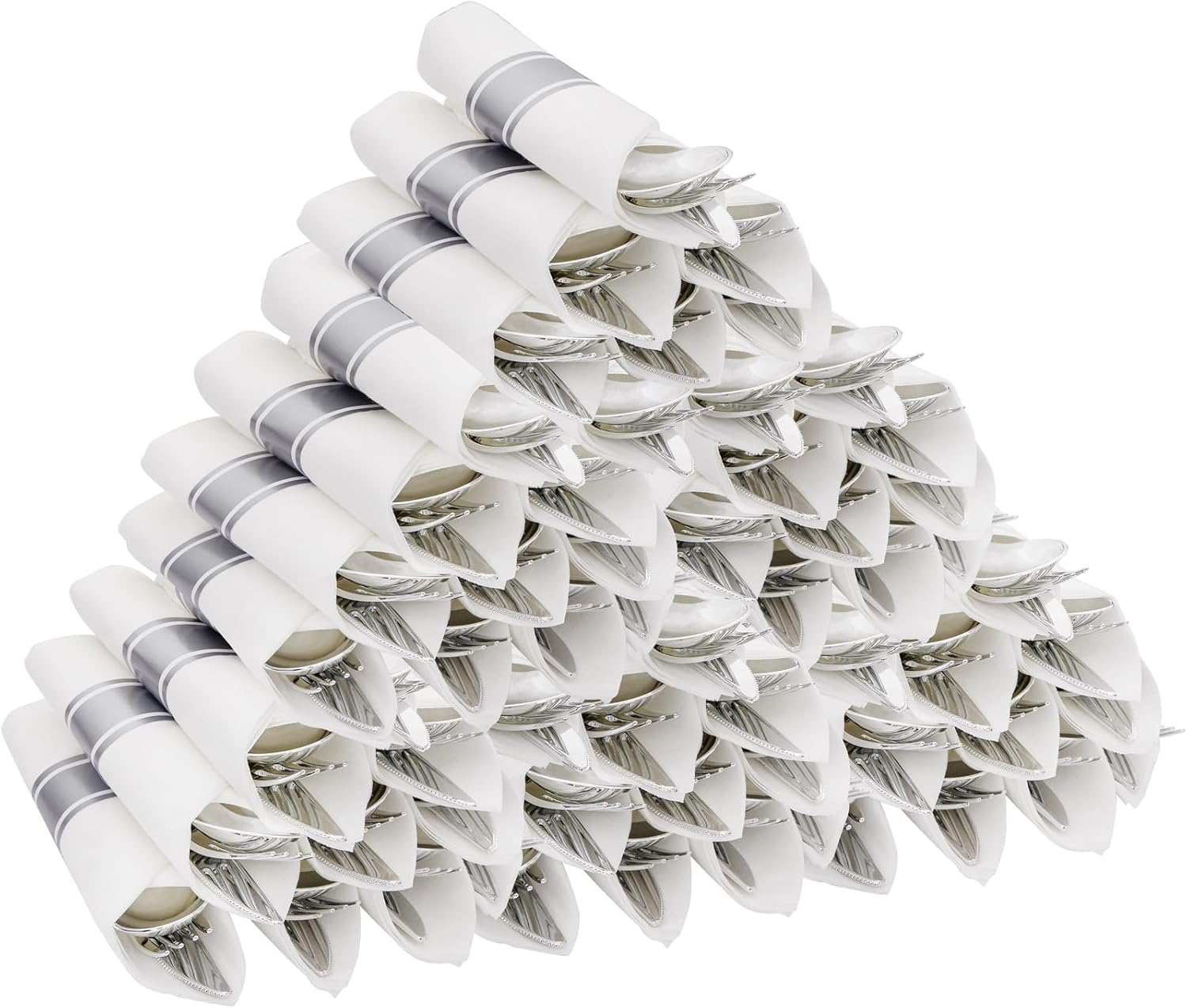 supernal 60 pack pre-rolled napkins with silver plastic utensils,heavy duty wrapped cutlery,silver plastic silverware, forks and spoons,premium disposable plastic silverware sets for any occasion.