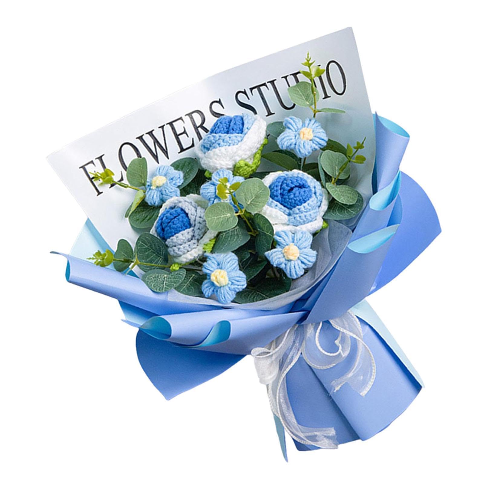 TWISAXC Handmad Crochet Bouquet Beautifully Crafted Fresh And Decorative Flower Arrangement As Table Centerpiece Wedding Party Ornament Flower Arrangement Fake Bouquet Spring, Gradient blue, 35x30cm
