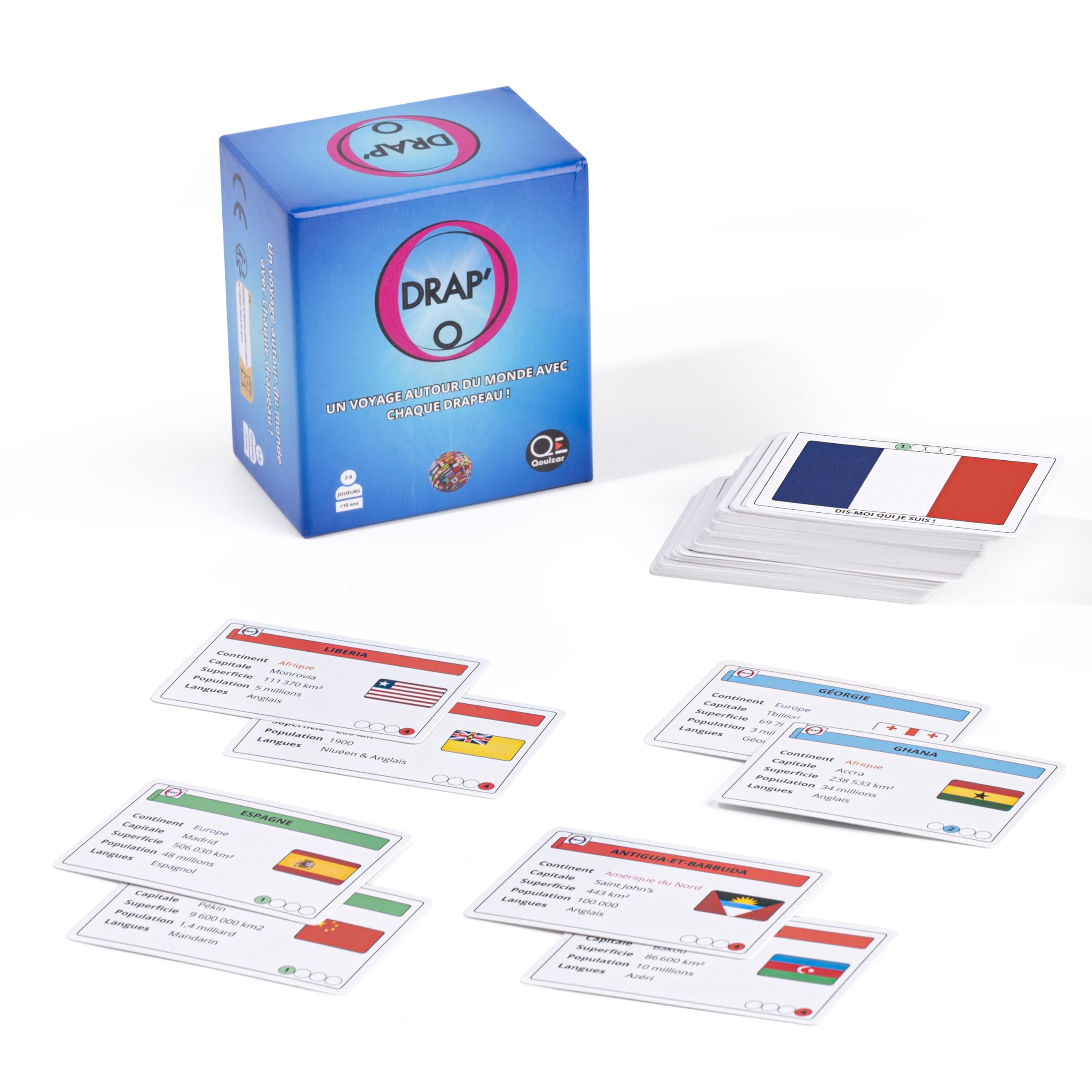 Drap'O - Gioco di Carta: Bandiere del Mondo | 208 Paesi | Capitali, Lingue, Continenti. Geografia e strategia | 4 Livelli di difficoltà | per bambini e adulti - Gioco educativo