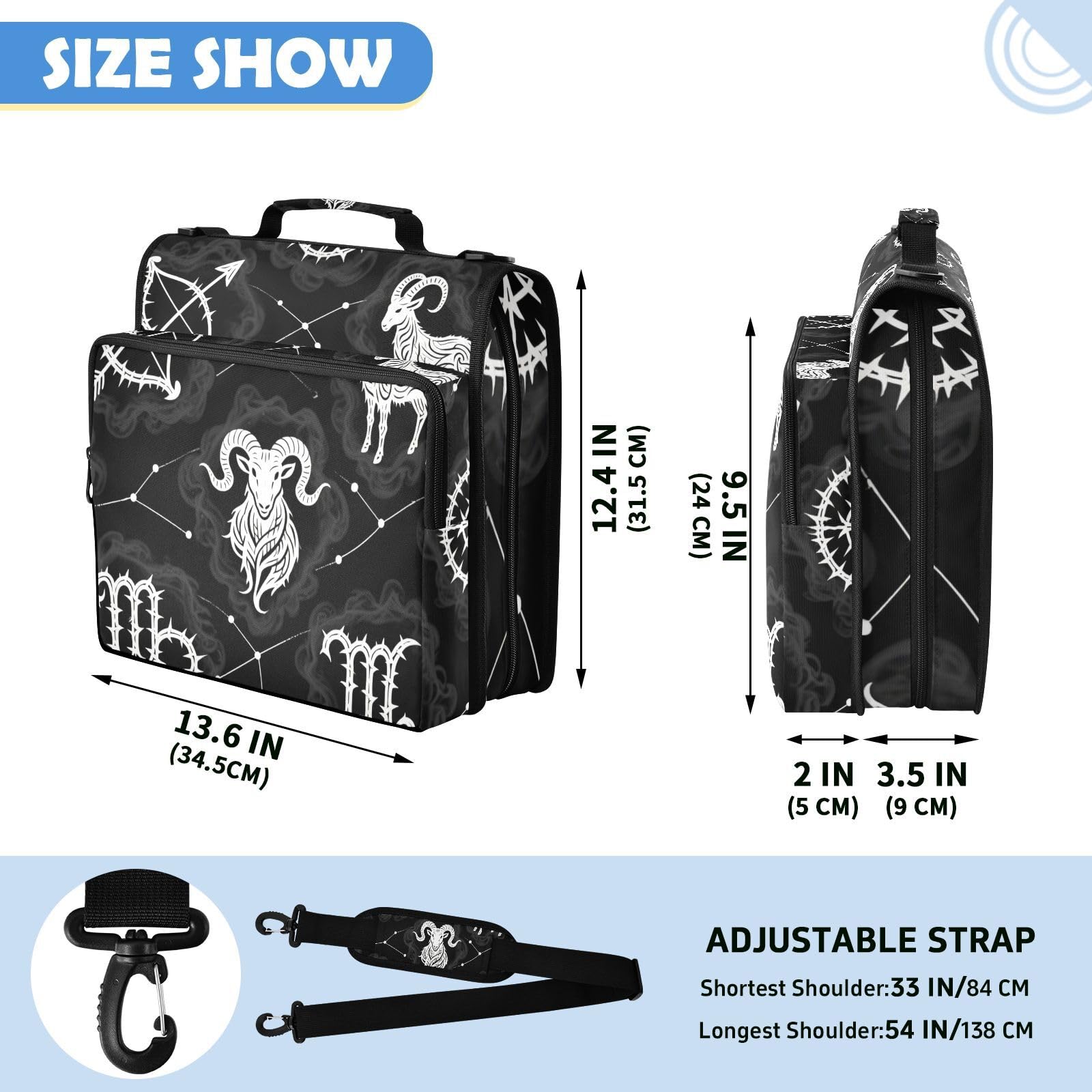 Zodiac Black Pattern Zipper 3 Ring Binder Bag
