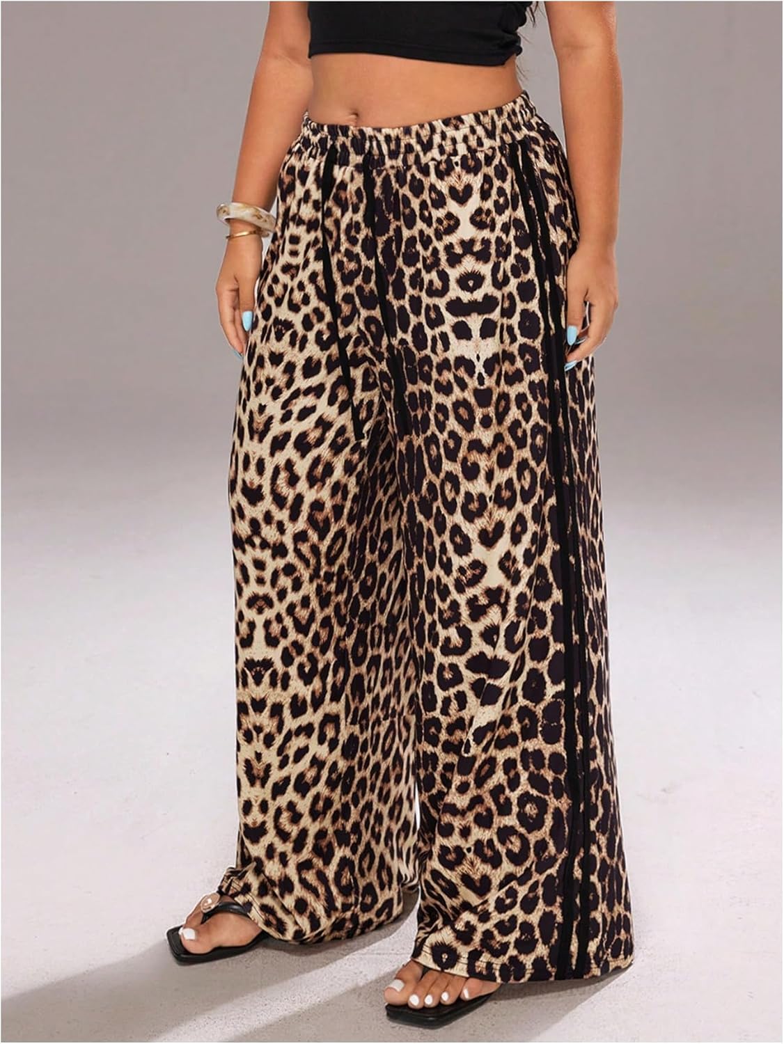 Floerns Women's Plus Size Y2K Leopard Print Side Striped Drawstring Waist Wide Leg Baggy Pants - Image 3