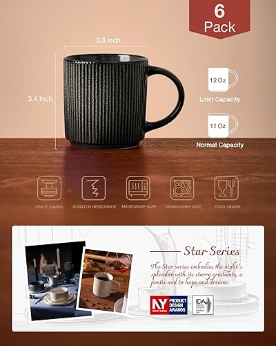 Miniatura 111 de famiware Star - Juego de tazas de café para 6 unidades, 12 onzas, con asa, para café, té, cacao, leche, cerámica, carbón oscuro mate Star-Matte Dark