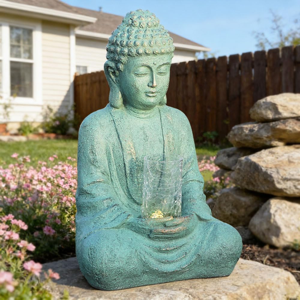 24" H Zen Buddha Fountain, Sitting Buddha Statue Fountain with LED Light and Glass Cover, Meditation and Relaxation Water Feature Outdoor/Indoor Waterfall Fountain for Home Decor, Garden, Balcony
