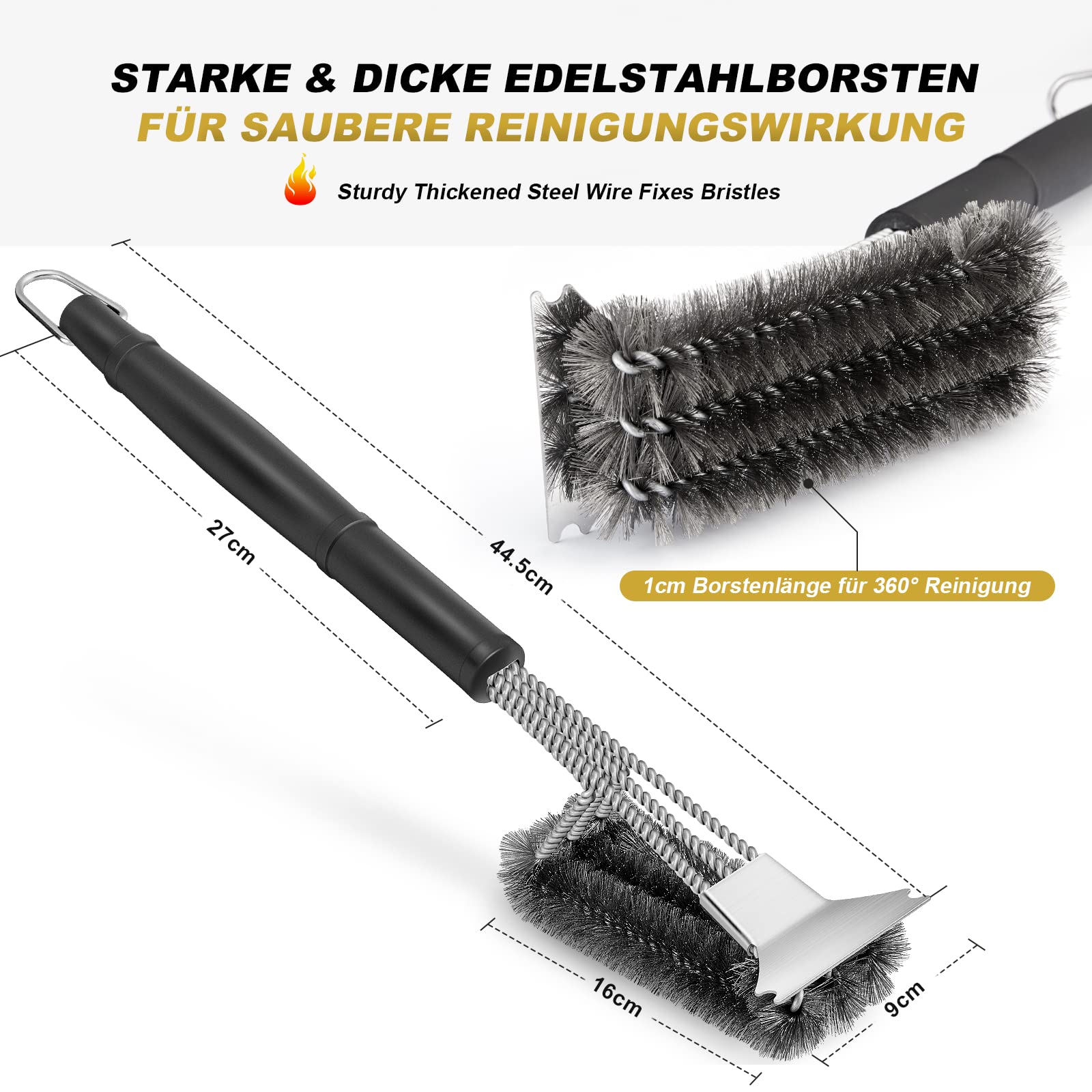 FRUHLING Grillbürste Edelstahl 43cm - 3-in-1 Mit Spatel, Langer Griff, Für Gas-/Holzkohlegrill