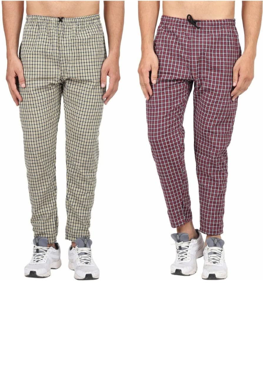 awala fashion Generic Men's Cotton Checkered Pajama, Pyjama, Blue, Red and Yellow (Pack of 2)-picture-12