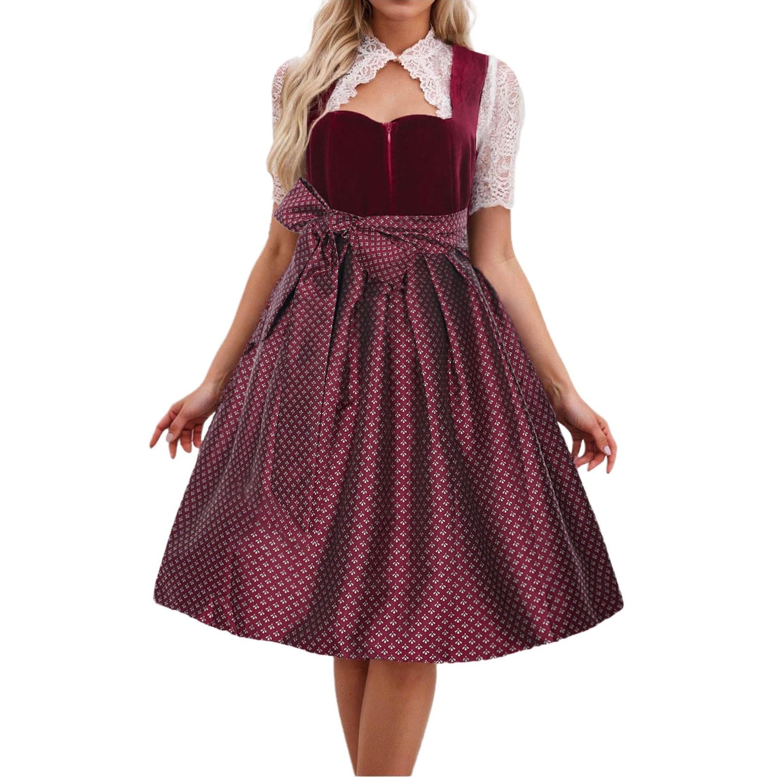 Oktoberfest Outfit Ladies Long Sleeve Dirndl Dress German Traditional Apron Dress Women October Festival Outfit Bavarian Beer Maids Costumes Ladies Fancy Dress Carnival Party Cosplay Costumes