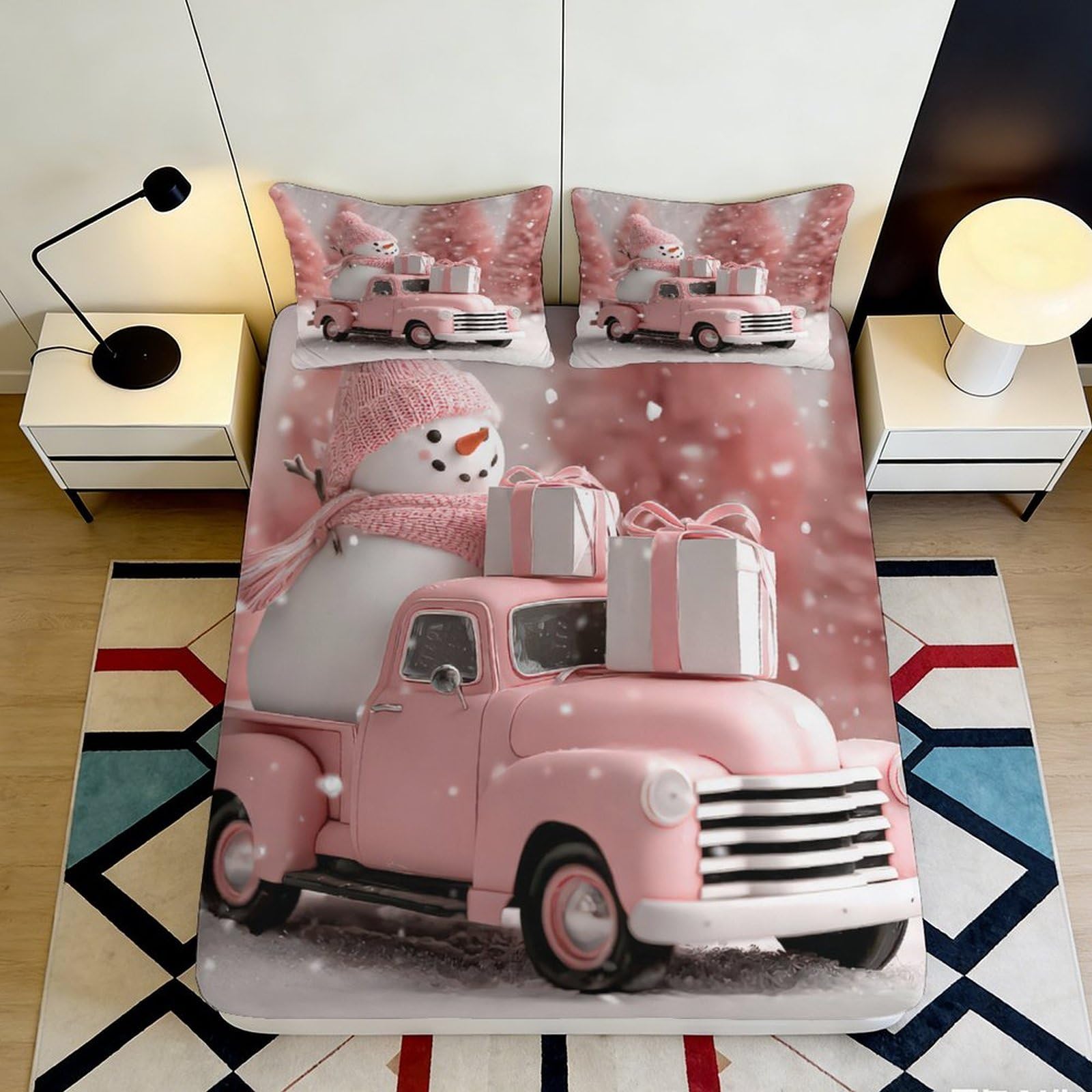 Dhbaneiok Style-1 3D Printed Pink Truck Snowman Fitted Sheet Microfiber Bed Cover For Bedroom Guest Room Decor 90X200x25cm