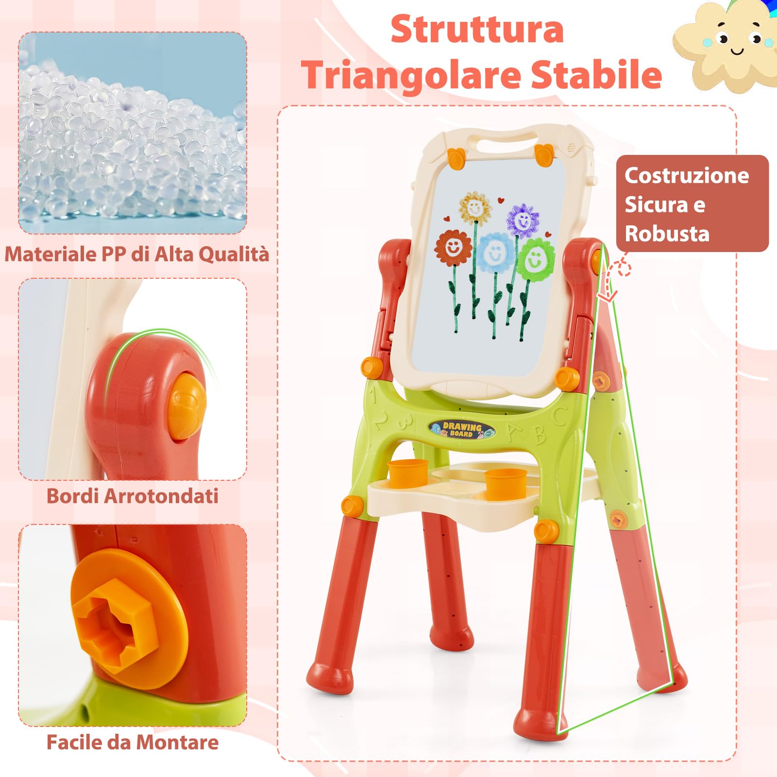 GYMAX Lavagna Magnetica per Bambini, Cavalletto da Disegno Doppio Lato con Lavagna, Tavolo da Disegno Portatile con Maniglia, Altezza Regolabile per Bambini 3+ Anni (Rosso)