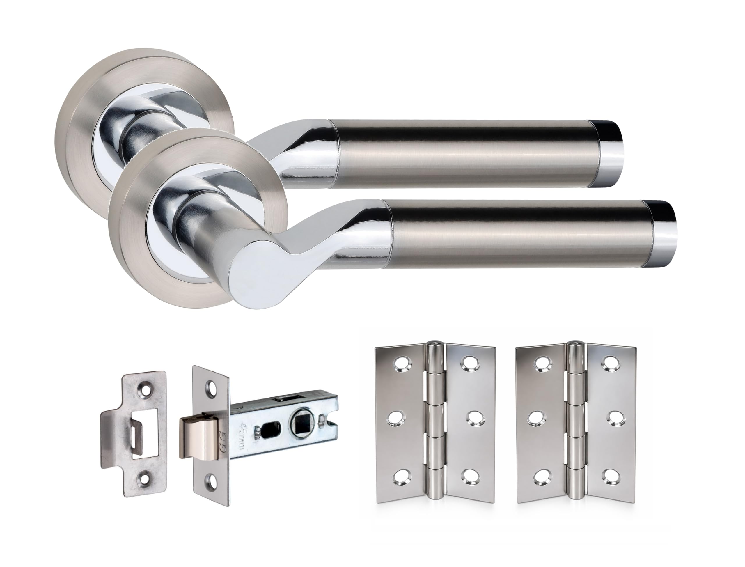 Golden Grace Titan Design Modern Door Handles Lever Latch On Round Rose in Duo Finish with Tubular Latch & Pair of Hinges - 1 Set