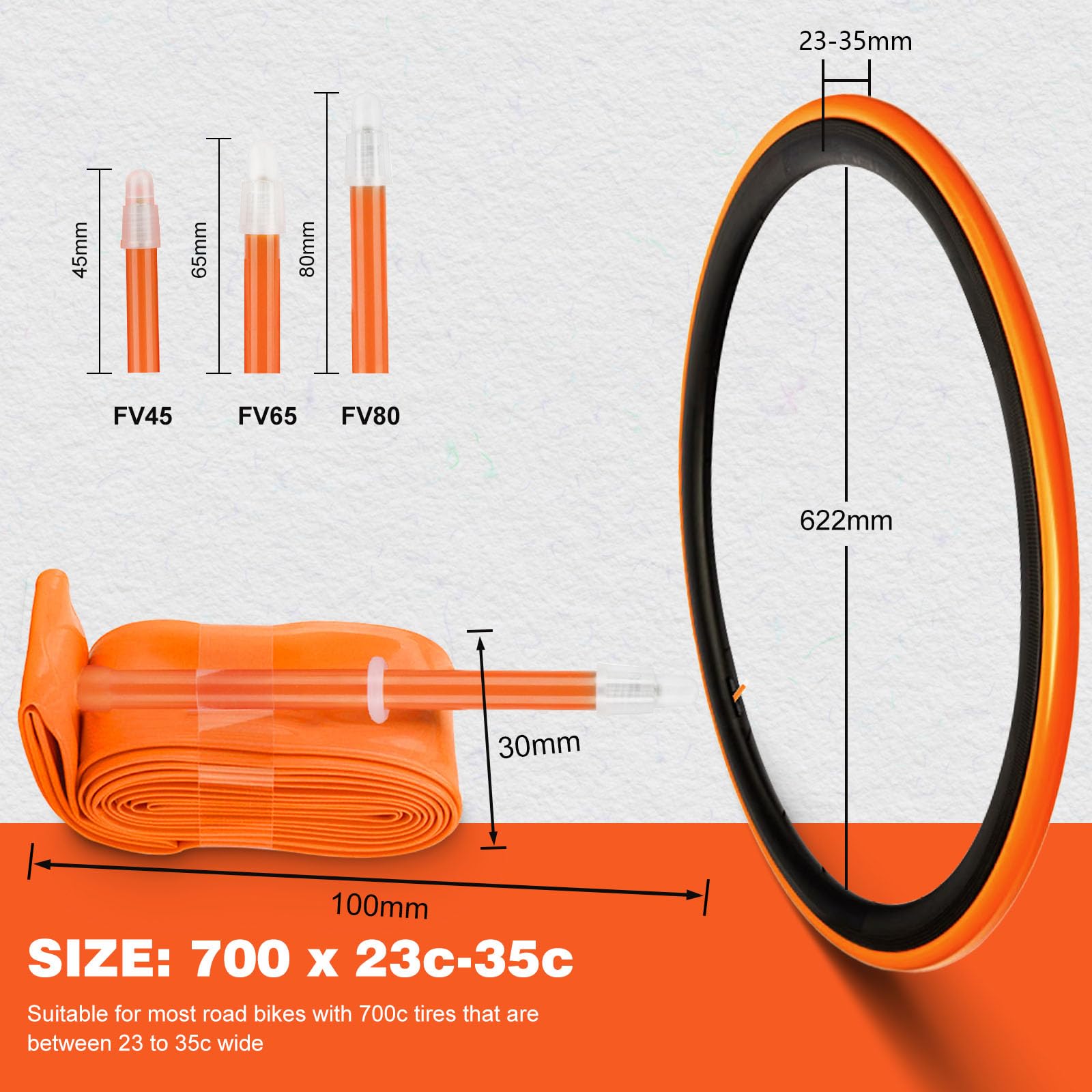 TINGSING TPU Inner Tube 700C, Compatible with 700x23/25/28/30/32/35c, 65mm Presta Valve, Ultralight Road Bike Inner Tubes - Image 2