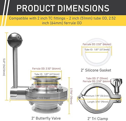 Miniatura 3 de Válvula de mariposa Tri-Trébol de 2 pulgadas con mango de tracción Tri Clamp de 2 pulgadas y junta de silicona Accesorios sanitarios TC de acero