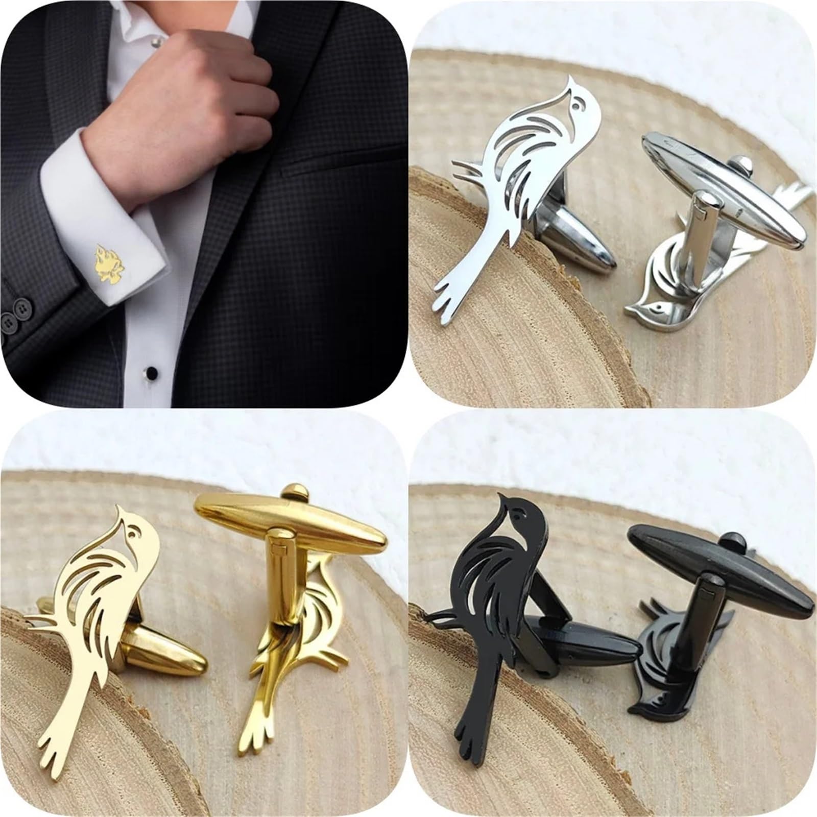 Krawattennadeln für Herren Bird And Magpie Stainless Steel Cufflinks, Waterproof And Non-fading, French Shirt Buttons, Gift For Boyfriend