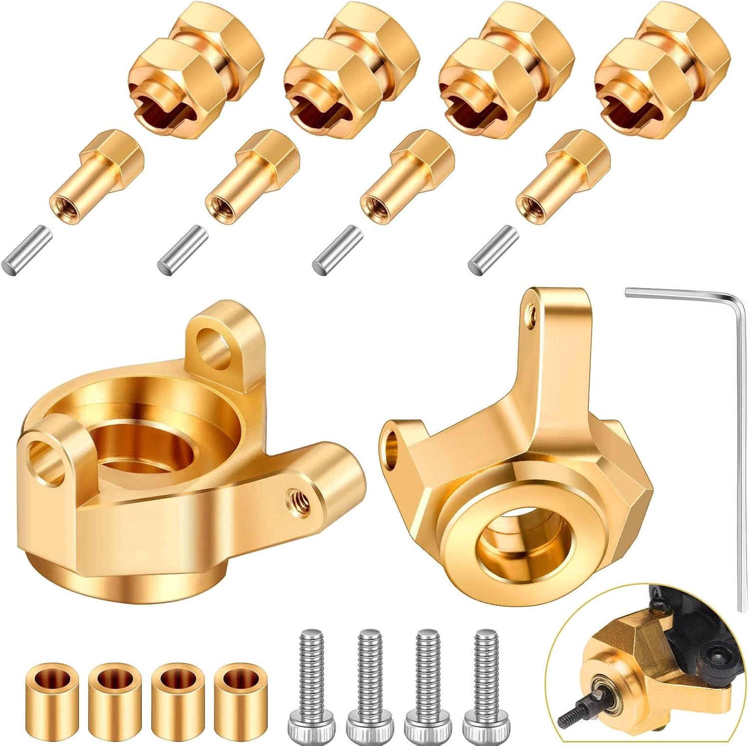 4 Pieces Brass Extended 7mm Wheel Hex Hub Extension 8mm Thick and 2 Pieces Brass Steering Knuckle Compatible with AXIAL SCX24 AXI90081 Upgrades Parts 1/24 RC Crawler Car Accessories (Golden)