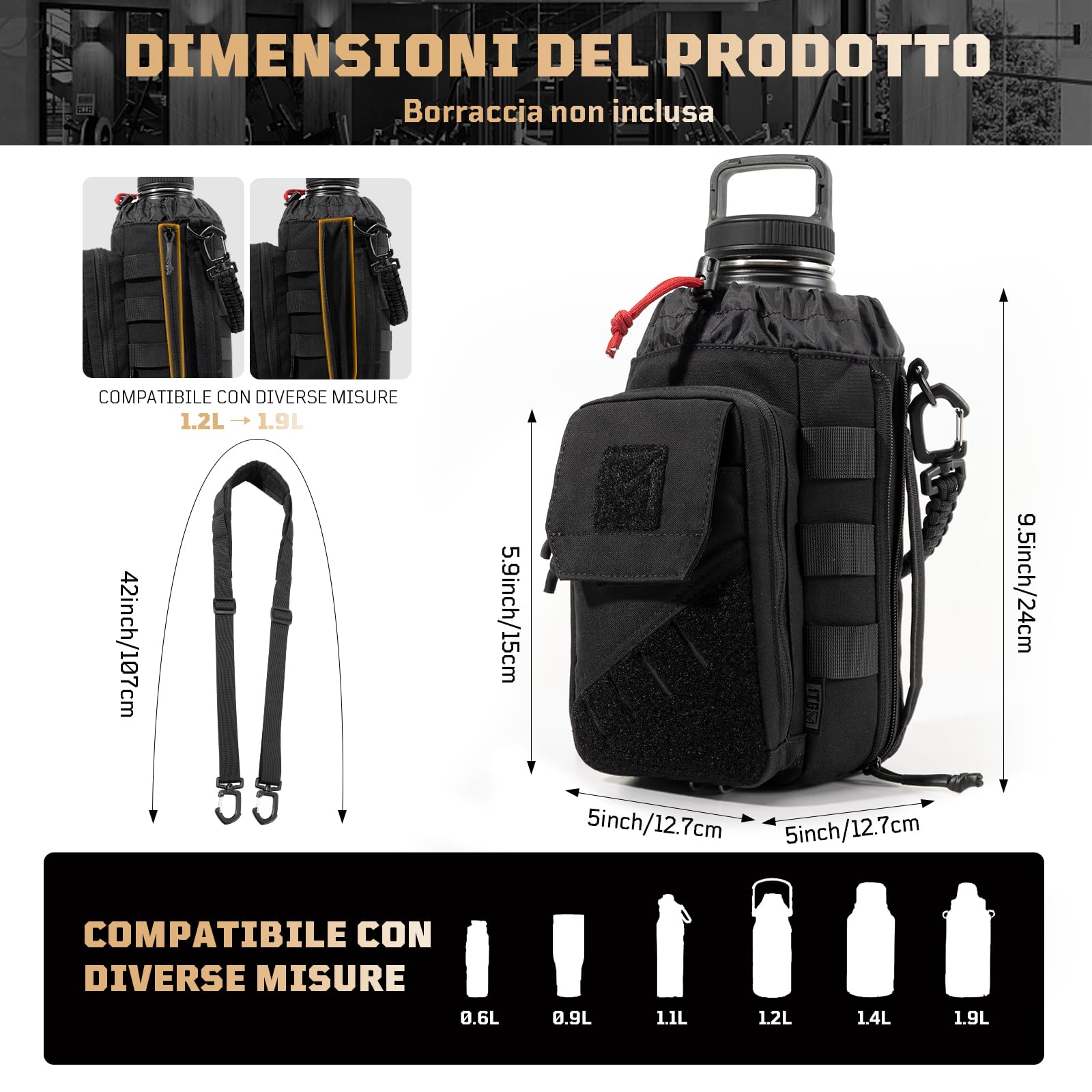 Borsa Porta Borraccia Magnetica per Palestra 1–2L – Custodia Magnetica con Tasca Smartphone, Tracolla Regolabile, Imbottita (senza bottiglia)