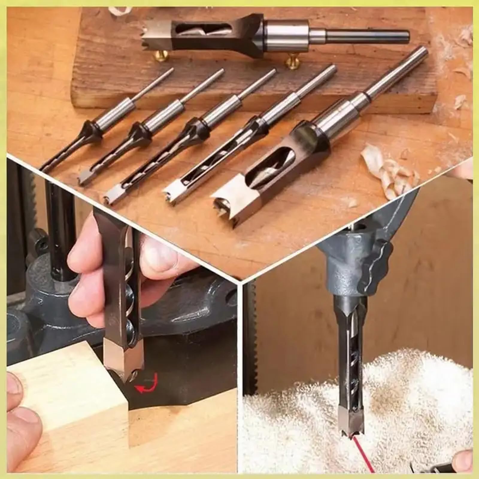 5PCS Hollow Chisel Mortise Drill Tool, Square Hole Drill Bit Tools Set - 1/4" 5/16" 3/8" 7/16" 1/2"