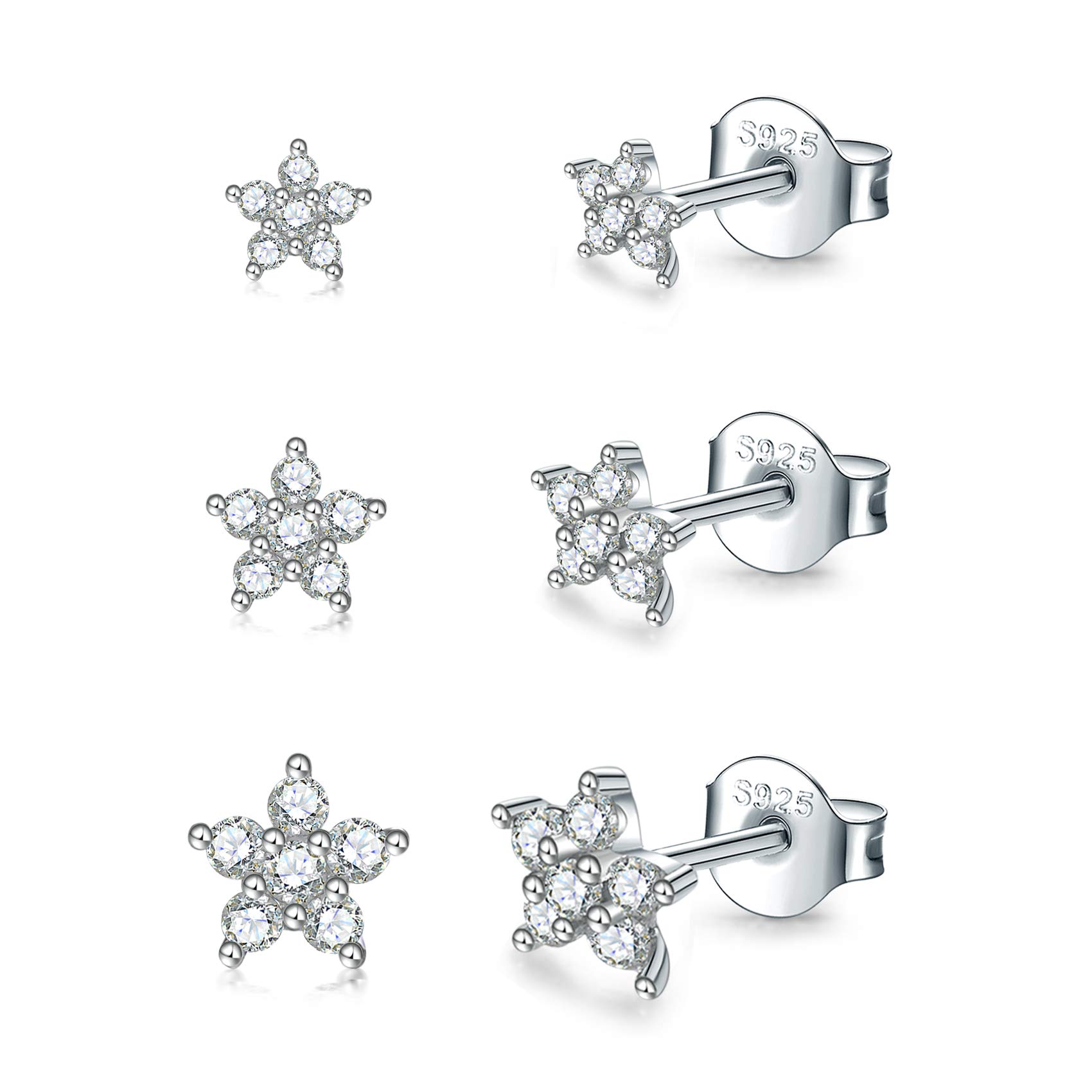 Sterling Silver Stud Earrings for Women Silver Gold Rosegold, Small Flower Cubic Zirocnia Studs Hypoallergenic Cartilage Stud Sleeper Earrings Set Piercing Jewellery for Girls, Men, 3/4/5mm