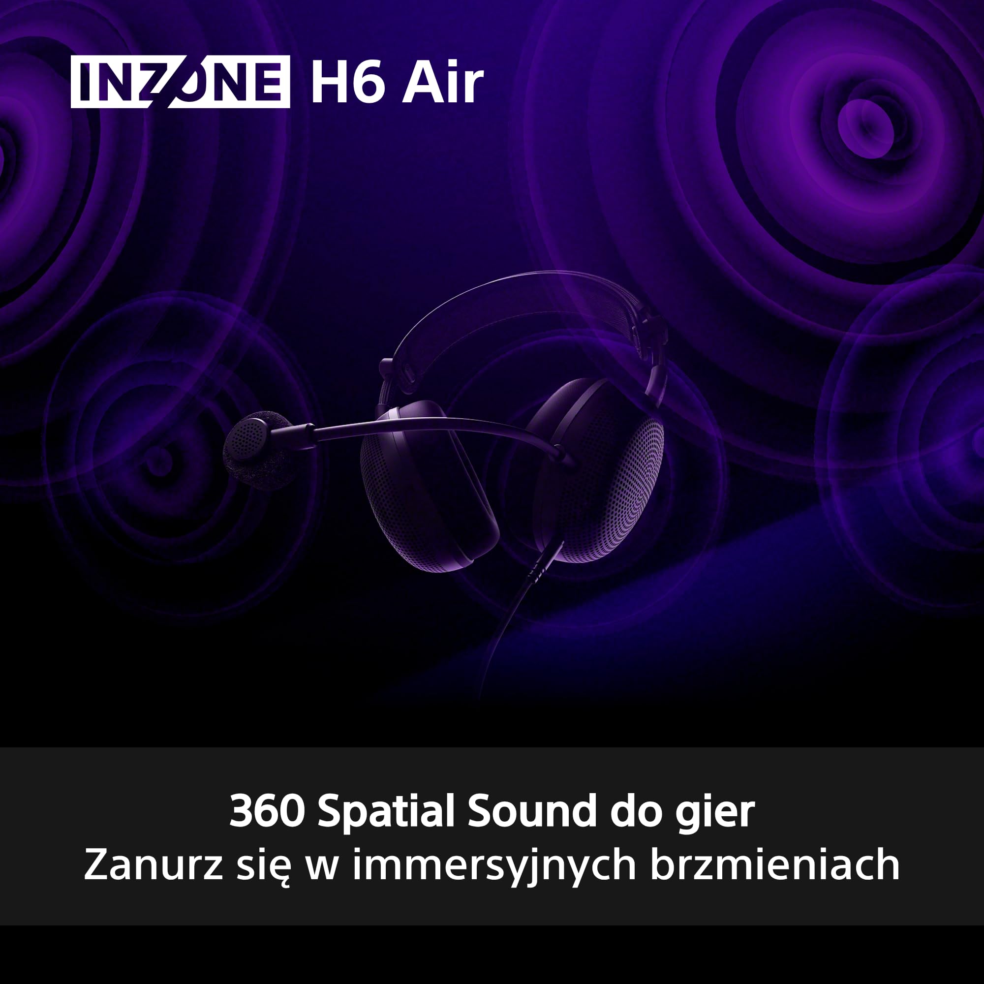 Sony INZONE H6 Air otwarty przewodowy zestaw słuchawkowy gamingowy, 360 Spatial Sound for Gaming, ultralekka konstrukcja 199 g, odłączany mikrofon na wysięgniku, INZONE Hub Custom EQ, PC/PS5, czarny
