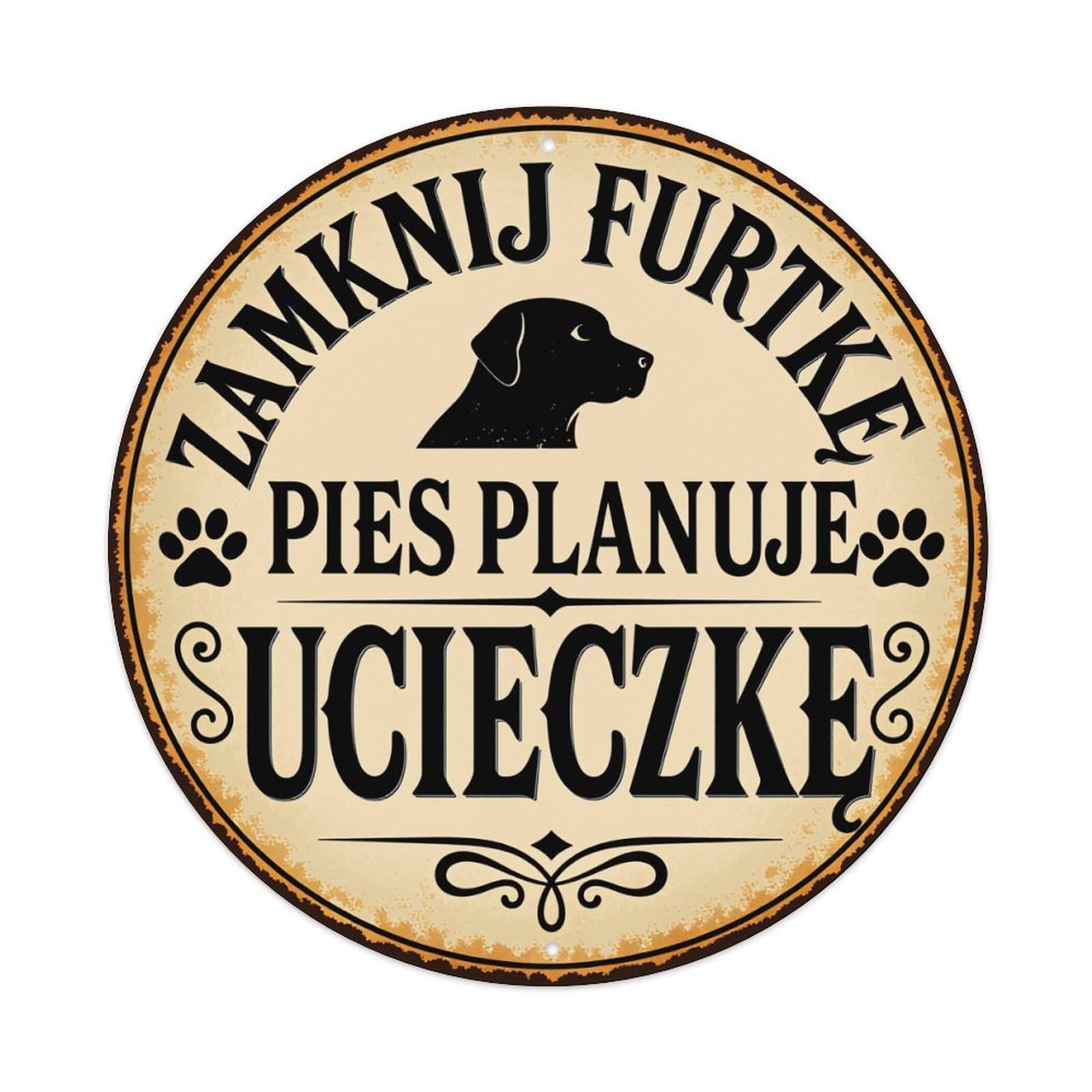 Dog Plan Escape Lock Gate Round Vintage Tin Sign,Retro Wall Art,Metal Poster for Home, Bar, Garage, Cafe, Rustic Indoor & Outdoor Decor, 8x8 Inches