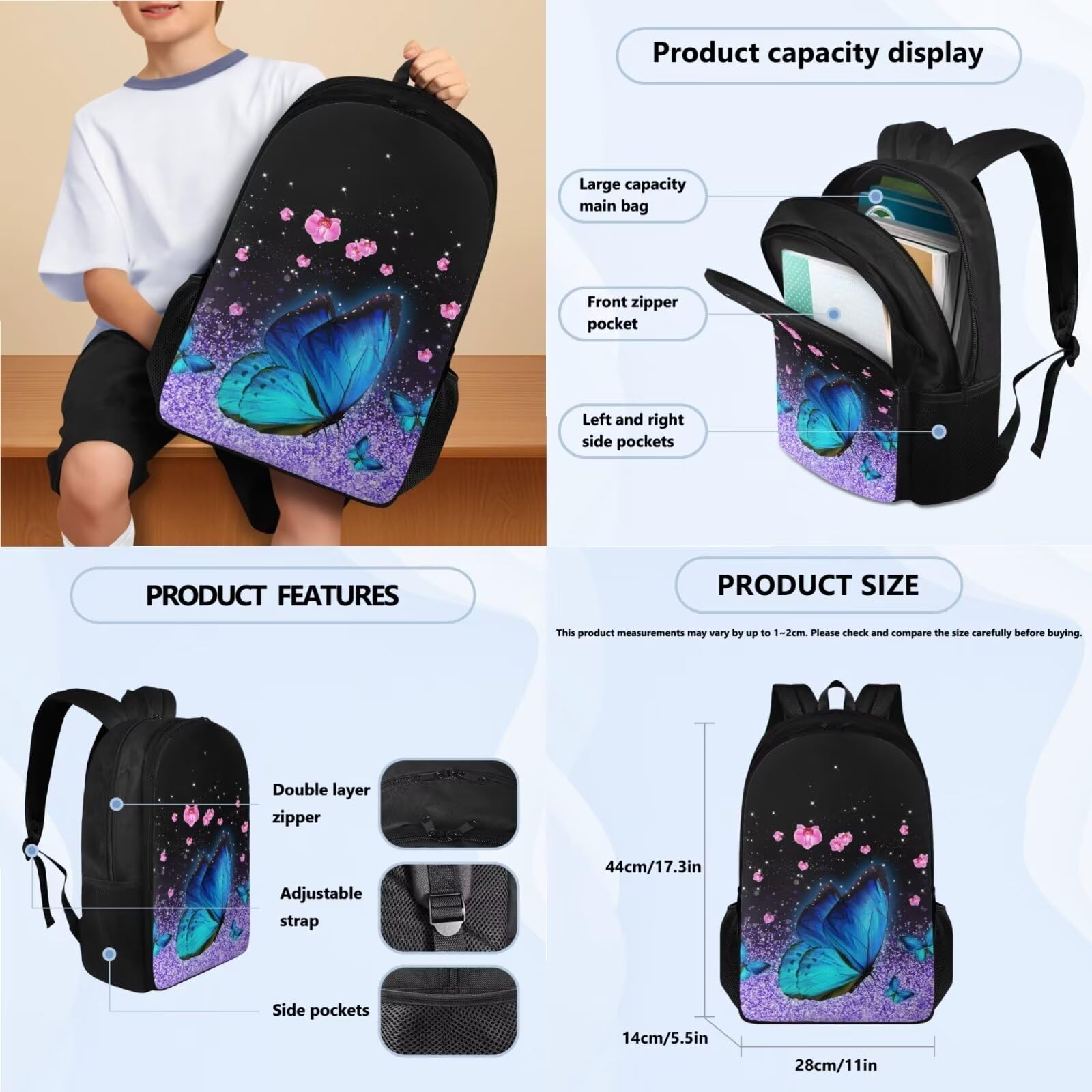 Poceacles Zaini per la scuola per ragazze con portapranzo, astuccio per il rientro a scuola, set di 3 zaino leggero per ragazzo, Farfalla floreale glitter