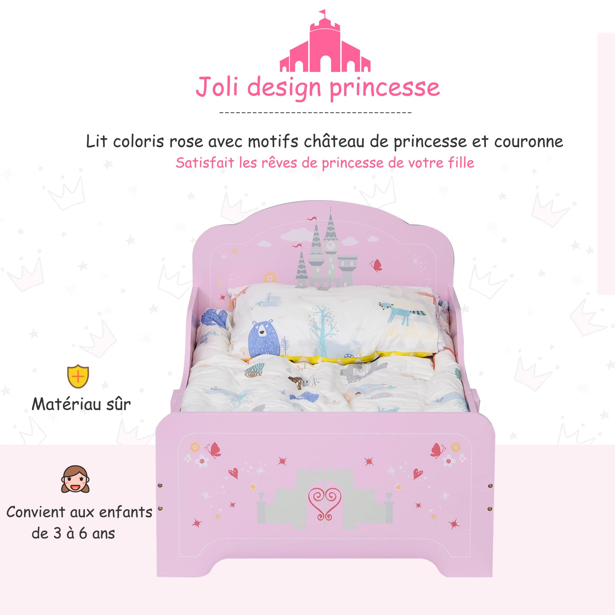 HOMCOM Lit Enfant 140 x 70 cm Design Princesse Sommier À Lattes Rose | Lit D'Enfant, Motif Château, MDF Contre-Plaqué