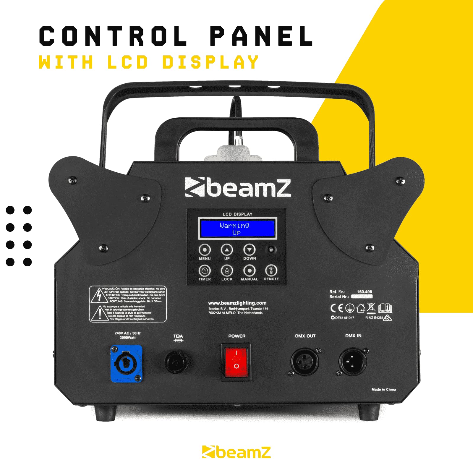 BeamZ S3500 Nebelmaschine DMX, 3500 Watt Kraftvolle Rauchmaschine mit Timer & Intervall, Fernbedienung, Display Bedienfeld, 10 Liter Tank - für Große Events, Clubs, Bars Hochzeiten, Festivals