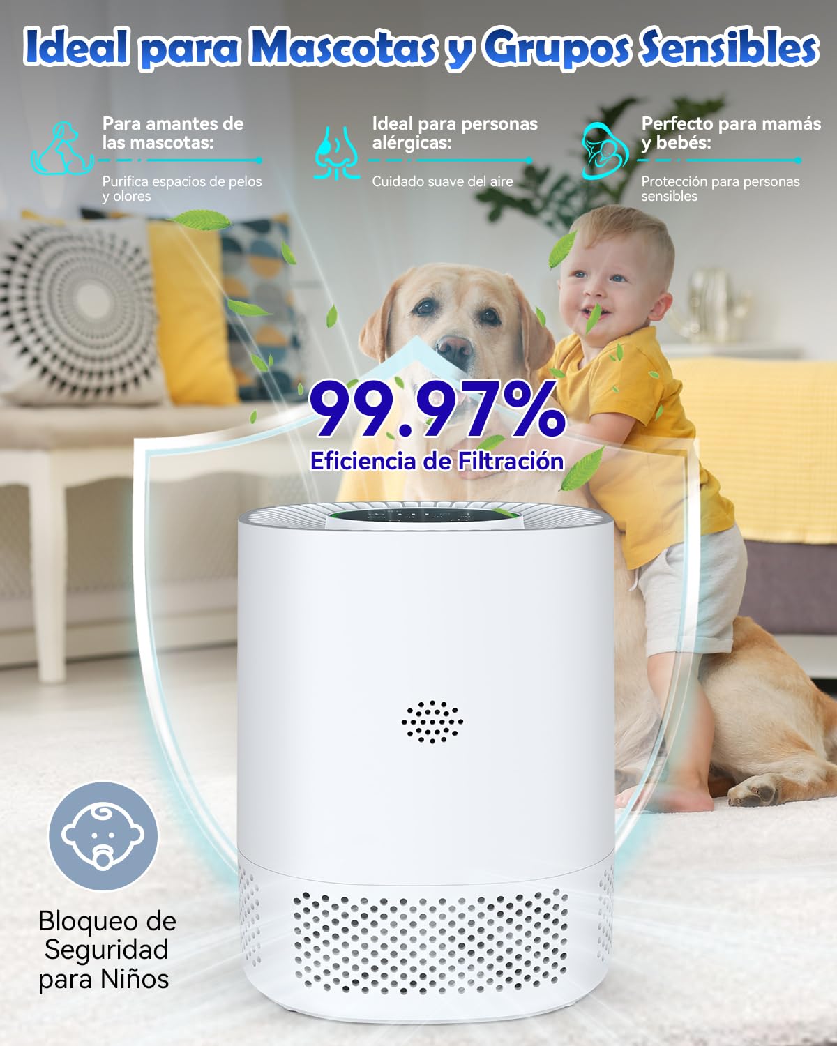 Purificador de Aire con Filtro HEPA, Air Purifier Silencioso 22dB, 99.97% Elimina Polen/Ácaros/Olores, 3 Velocidades, 2 Modes, APP Control, Temporizador 2H/4H/8H, Ideal para Alergias y Mascotas