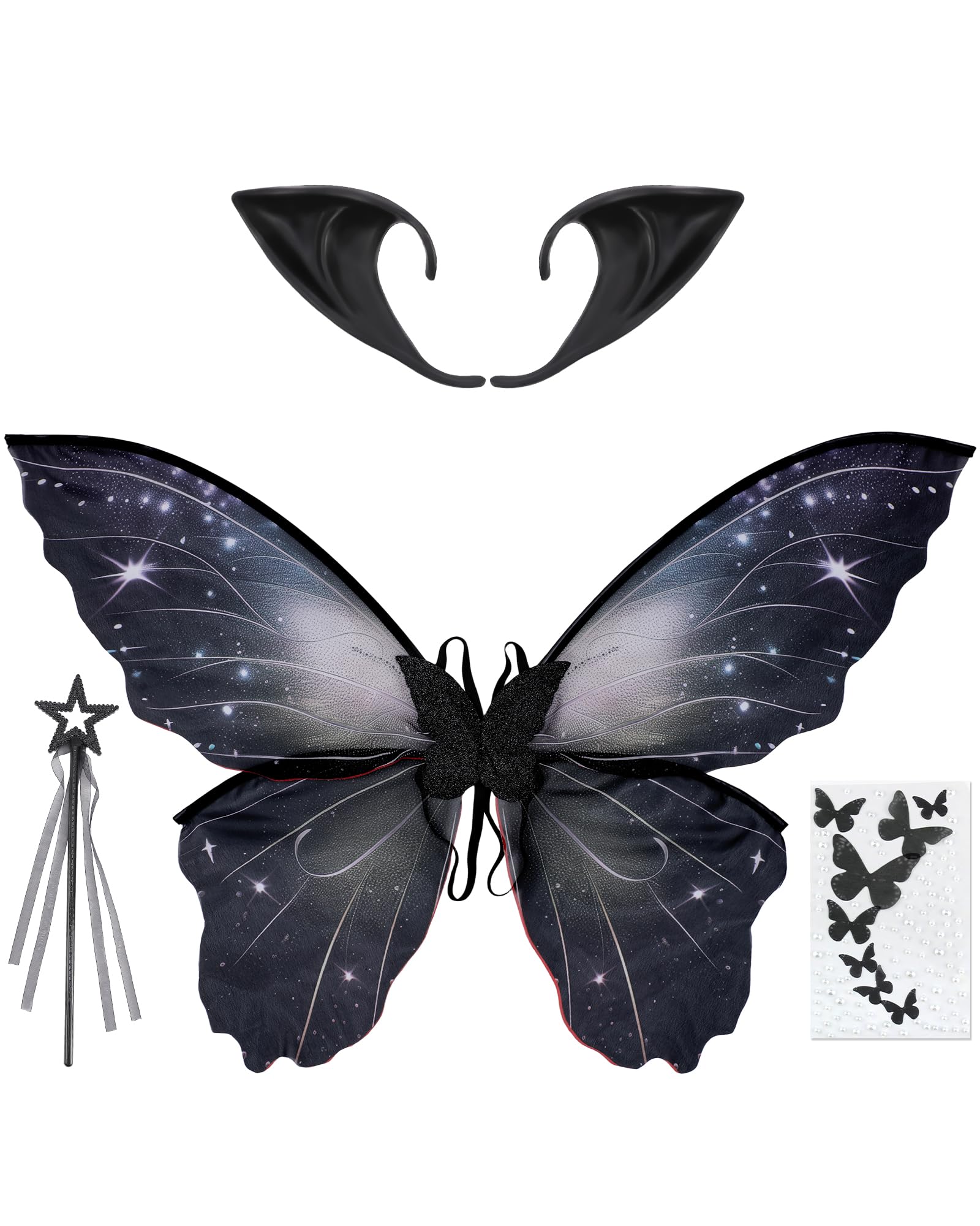 PartyforU 4 Pcs Black Fairy Costumes for Women, Fairy Wings Elf Ears Fairy Wand Butterfly Temporary Tattoos, Gothic Halloween Renaissance Party Accessories