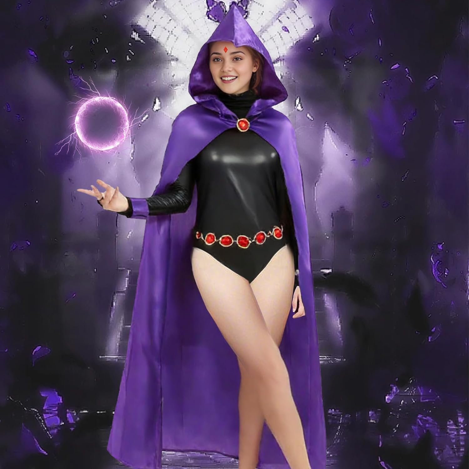 Raven Costume Women Purple Hooded Cloak Jumpsuit with Jeweled Belt Halloween Costume Cosplay Anime Outfit Props