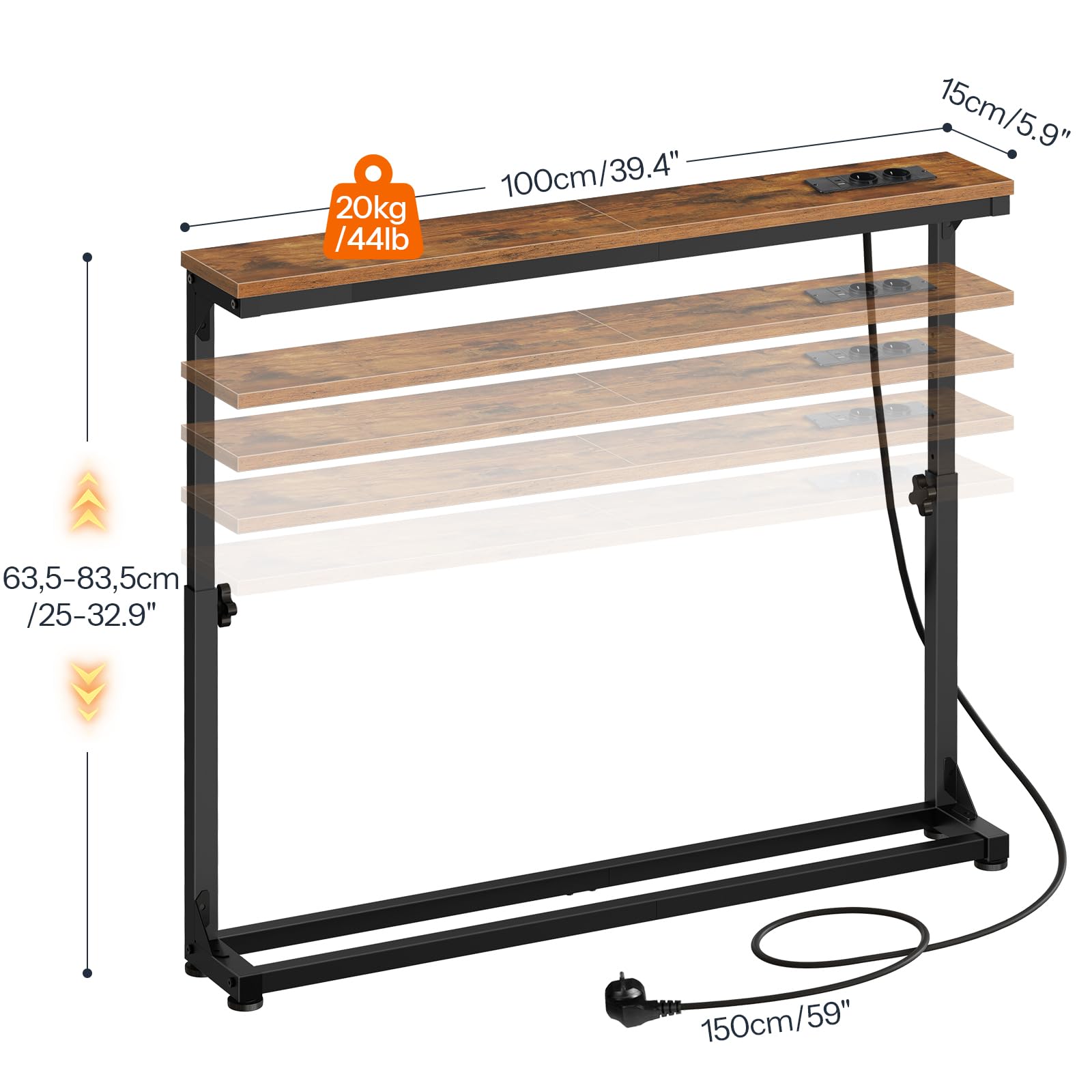 HOOBRO Schmaler Konsolentisch (15 cm breit), höhenverstellbar (63,5-83,5 cm), Sofatisch mit Ladestation, Beistelltisch, Flurtisch für den Eingangsbereich, Flur, Vintagebraun und Schwarz EBF95CXG01