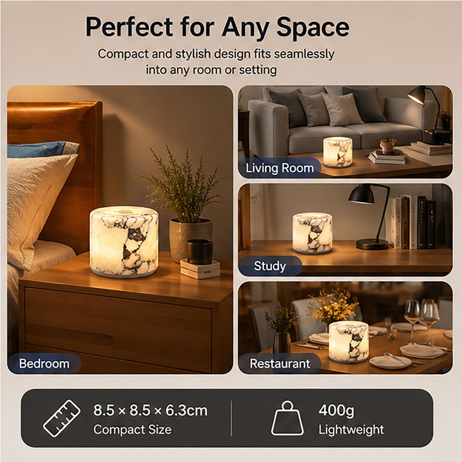 luz nocturna con control táctil de piedra natural | Batería de 1200 mAh, carga tipo C, lámpara de mesa LED regulable, luz de espectro completo(Monochromatic-Light,2)