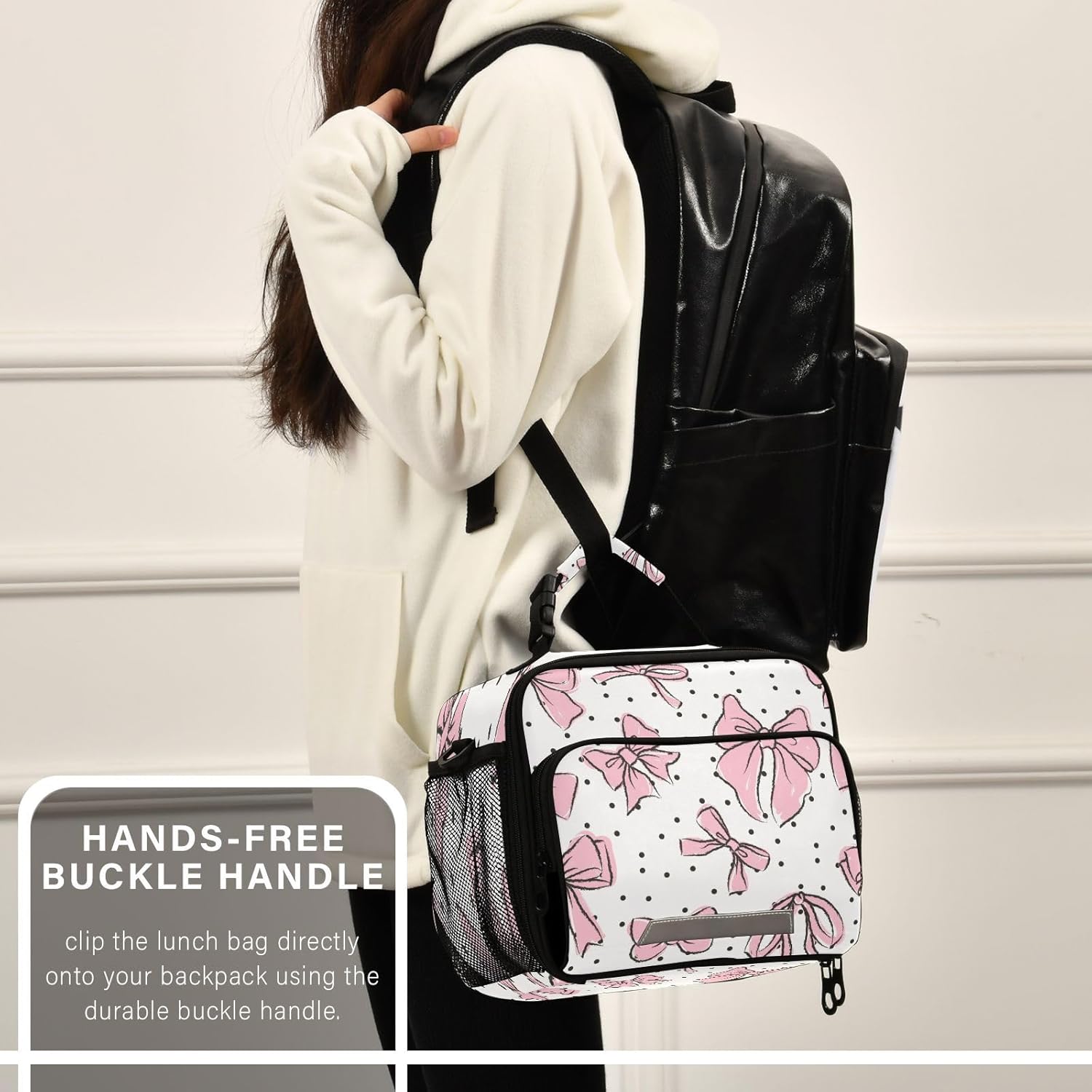 Bow Pink Lunch Bags for Men and Women, Shoulder Strap Lunch Box Waterproof Insulated Cooler Totes with Leakproof Lining