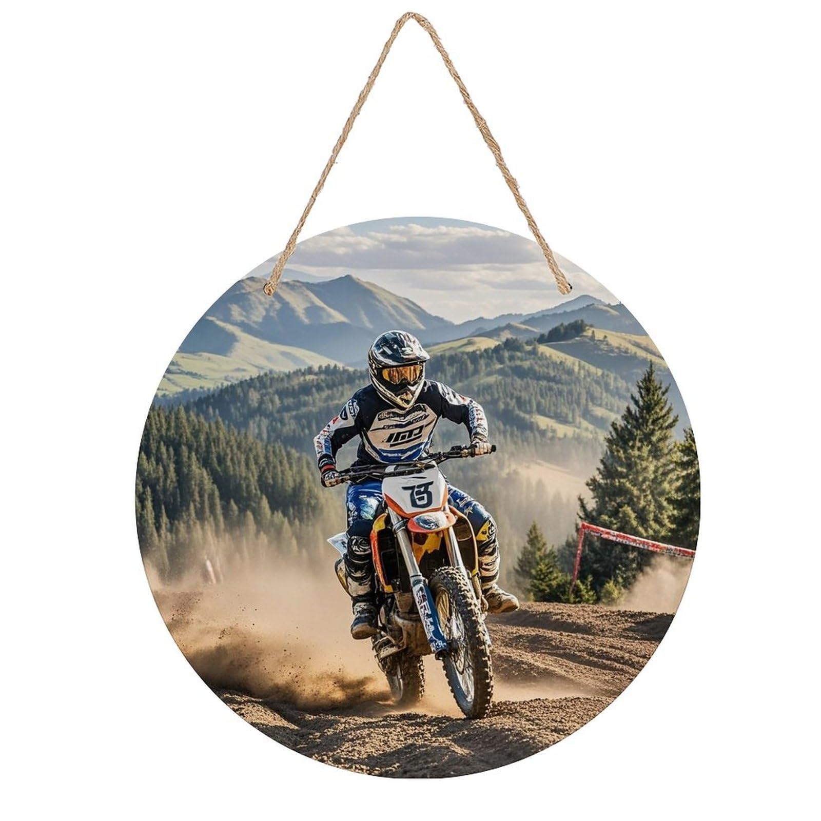FekiLoot Round Motocross Wall Art Decor Painting Wooden Hanging Sign with Ropes Bohemian Wall Hanging Retro Mid Century Modern Wall Art for Home Bedroom Living Room 7.9x7.9 in