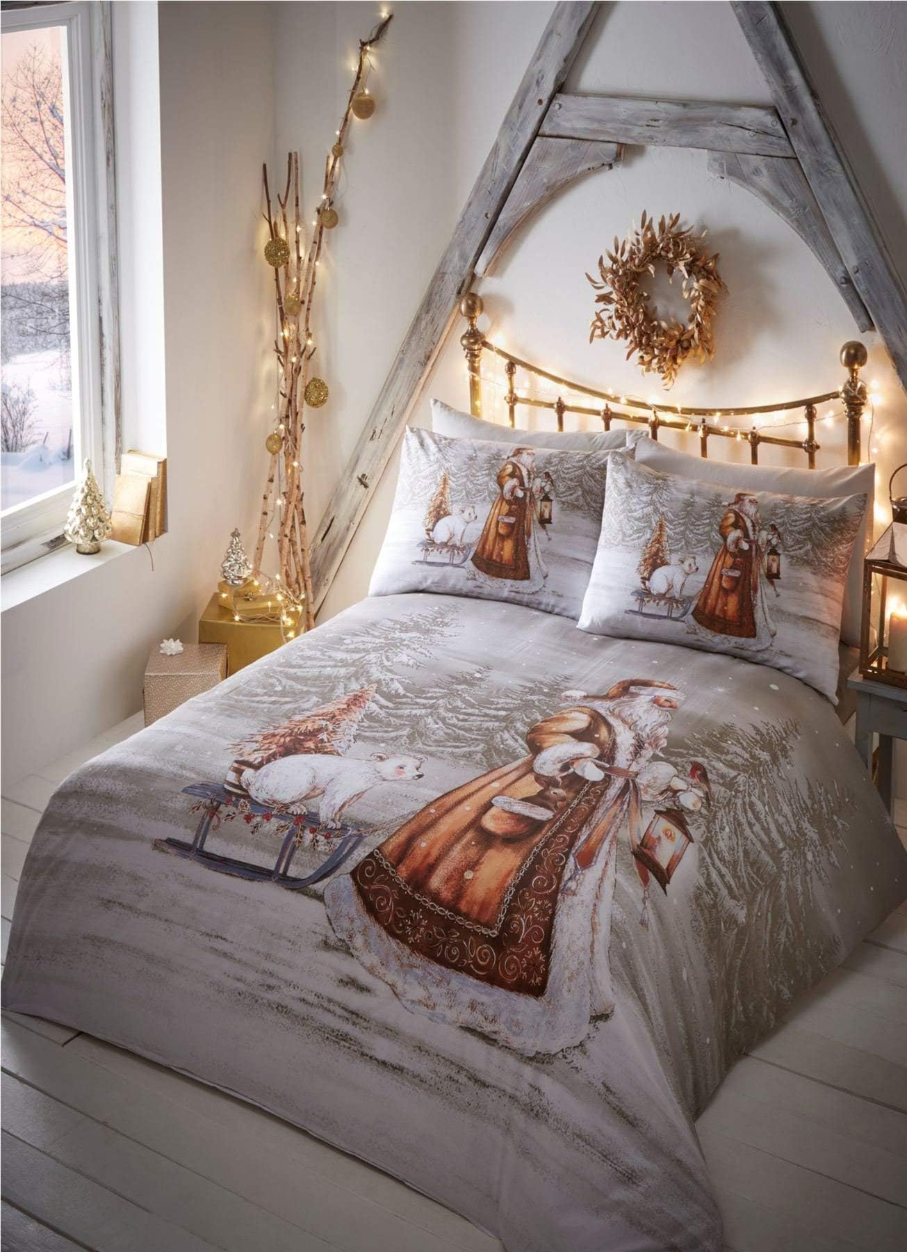 Twilight Santa Christmas Duvet Cover and Pillowcase Set, Beige, Single