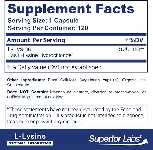 Miniatura 2 de Suplemente dietético Superio Labs con L-Lisina natural, 120 cápsulas, 0.01 onzas.