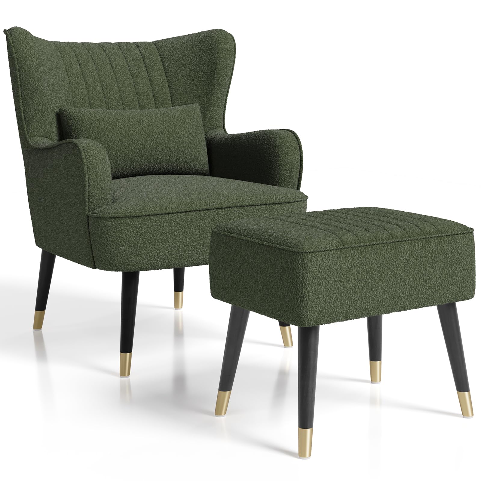 Vesgantti Teddy Fleece Armchair with Footstool and Lumbar Pillow, Modern Wing Back Accent Chair with Ottoman, Large Cuddle Chair for Living Room Bedroom Study Room Office(Army Green)