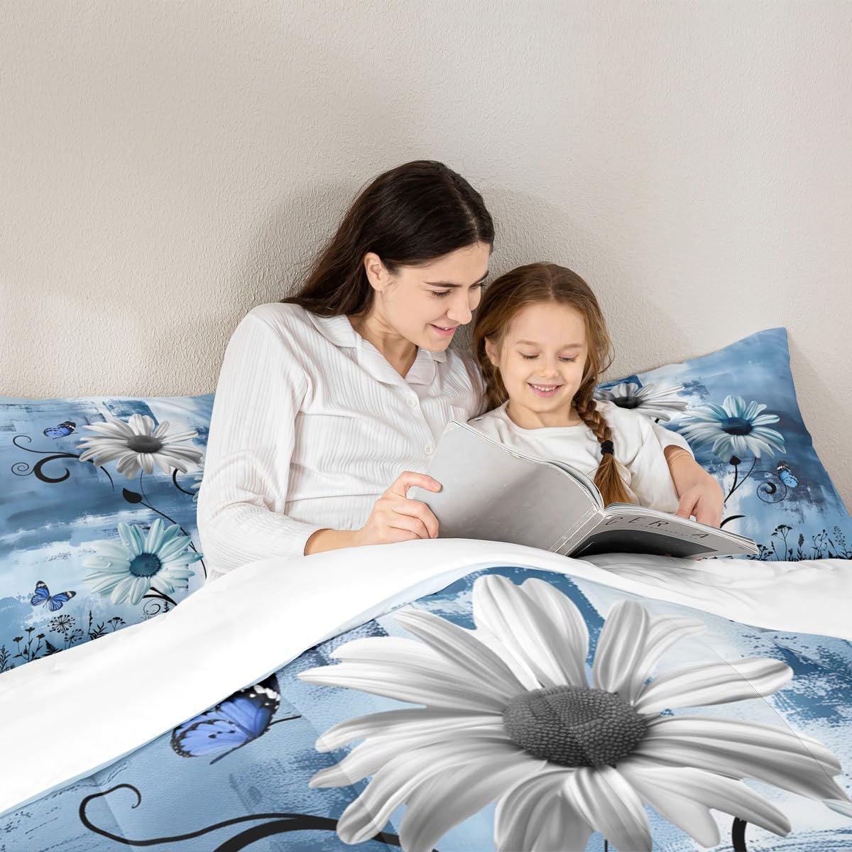 Castle Fairy Rustic Floral Comforter Set Queen Size,Farm Daisy Flowers Butterfly Country Bedding Set for Women Adult,Blue Abstract Art Graffiti Luxury Bed Duvet Insert, 2 Pillowcases - Image 3