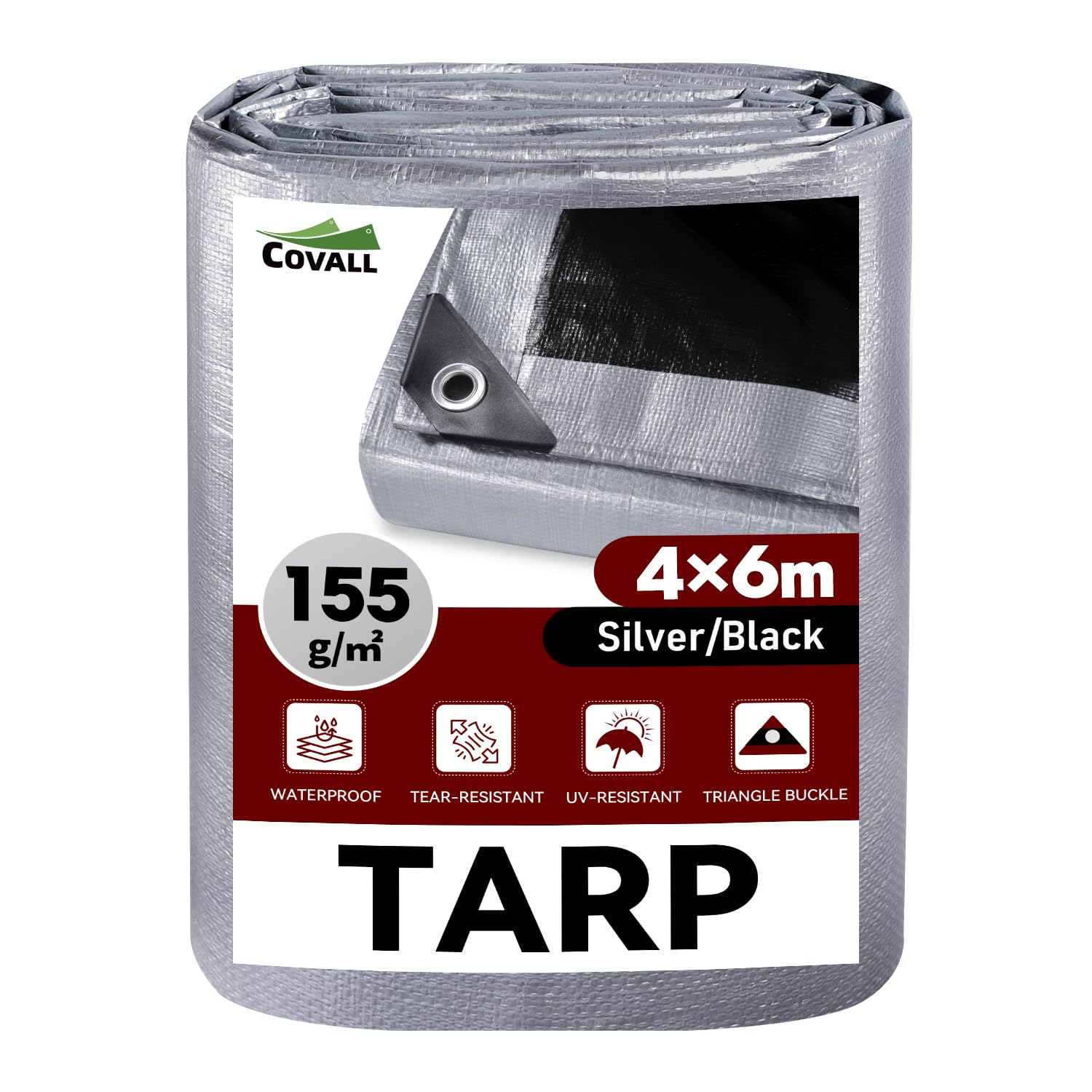 COVALL Tarpaulin Waterproof Heavy Duty 4m x 6m, 155GSM Groundsheet Tarp Cover for Outdoor, Camping Sheet, Multipurpose, Garden, Roof, Weatherproof UV Resistant Tear Proof (Silver/Black) โ image 1