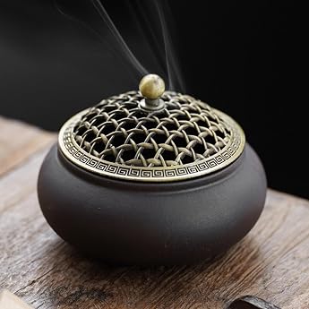 Ceramic Incense Burner Vintage Incense Burner with Metal Lid and Fireproof Incense Holder Holder Round Chinese Porcelain Ince