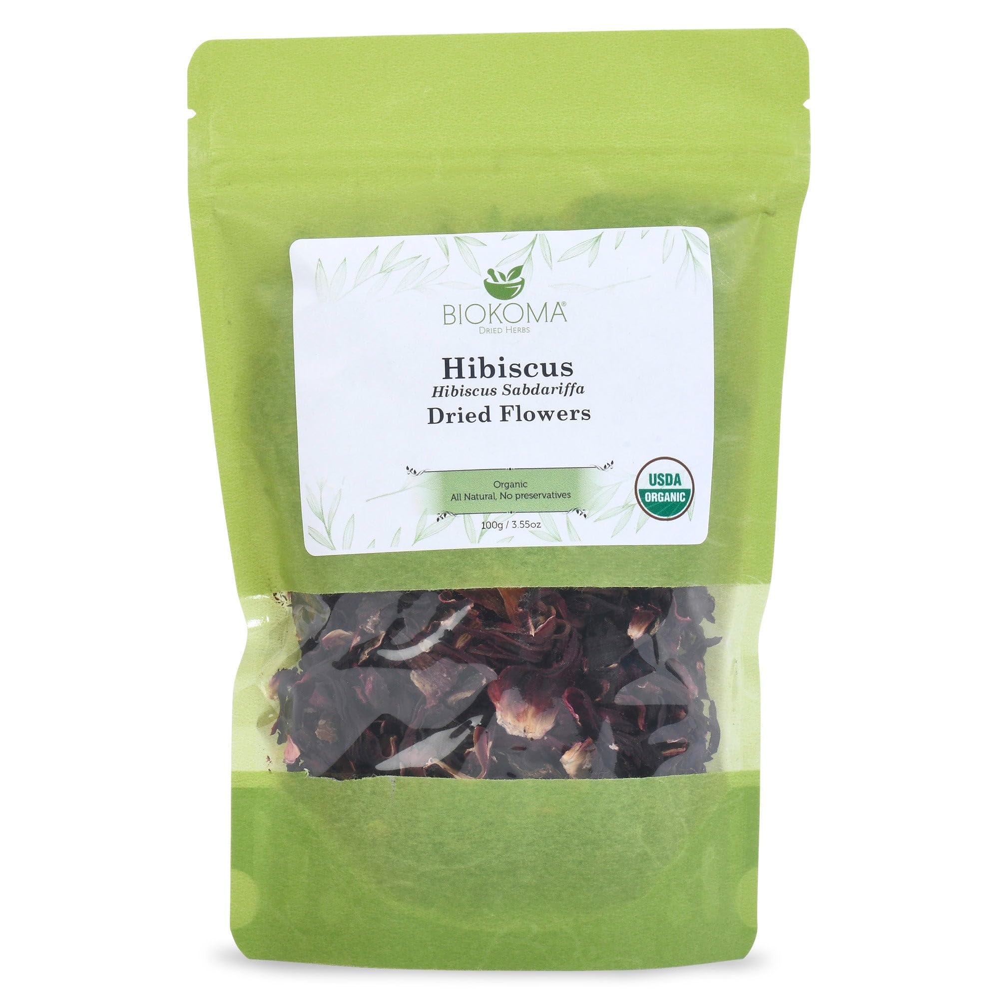 BiokomaPure and Organic Hibiscus Dried Flowers 100g (3.55oz) Immune System Support Vit C Resealable Moisture Proof Pouch USDA Certified Organic Herbal Tea No Additives No Preservatives No GMO KosherUSDA Organic