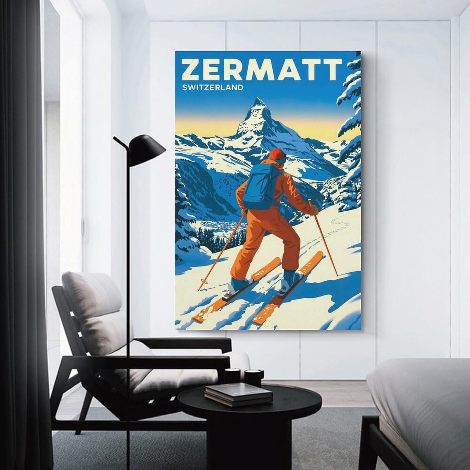 Junmoney Zermatt Switzerland Skiing Vintage Room Decor Wall Art 20x30inch(50x75cm), for Living Room, Bedroom, Office Or Hallway, An Adaptable Decor Piece for Home Use