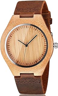 Mens Wooden Watches Brown Cowhide Leather Strap Casual Watch for Groomsmen Gift with Box