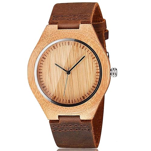 Mens Wooden Watches Brown Cowhide Leather Strap Casual Watch for